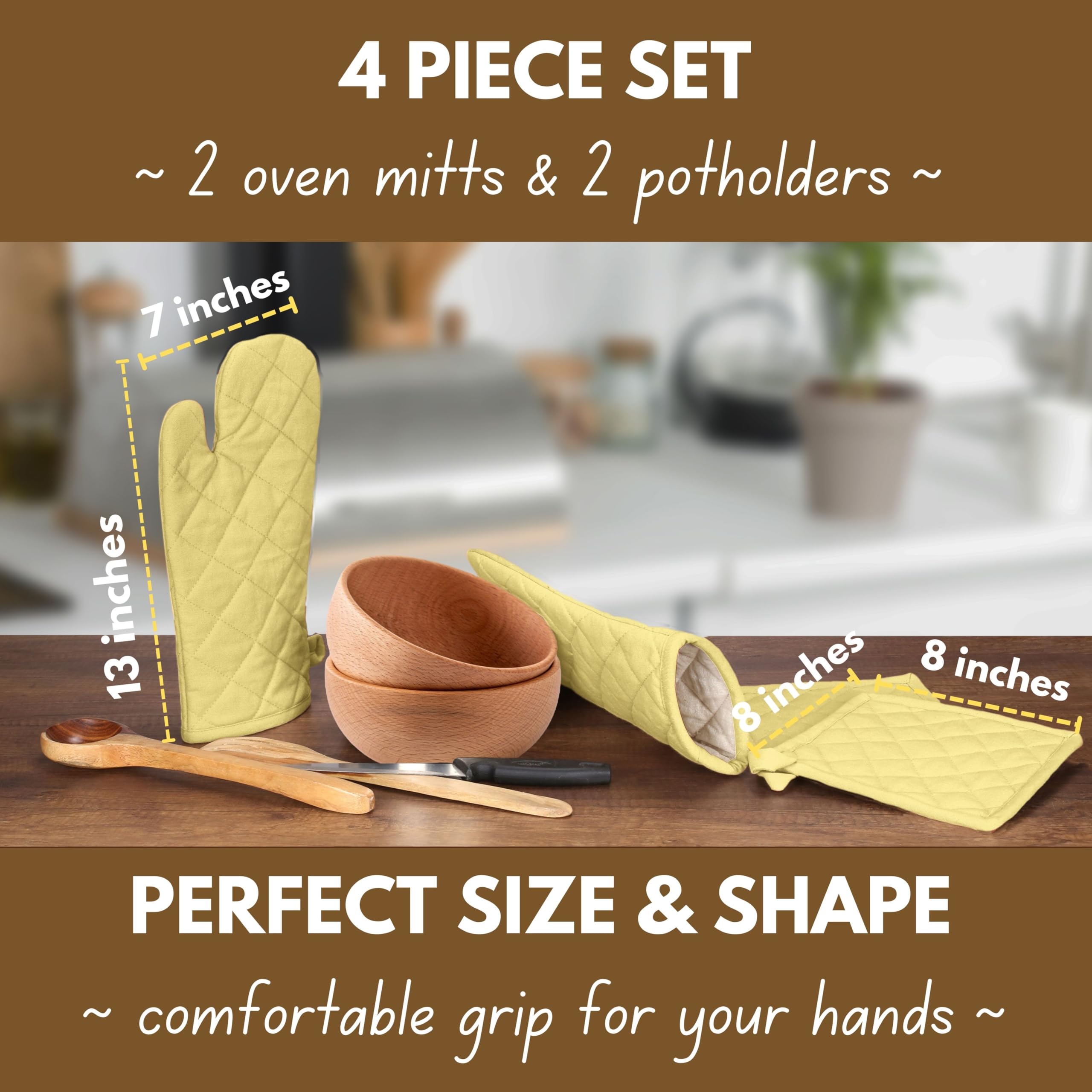 Native Fab Juego de 4 piezas: 2 manoplas de horno y 2 agarraderas, resistentes al calor, 100% algodón, diseño acolchado, agarre antideslizante, lavable a máquina, ideal para hornear, cocinar,