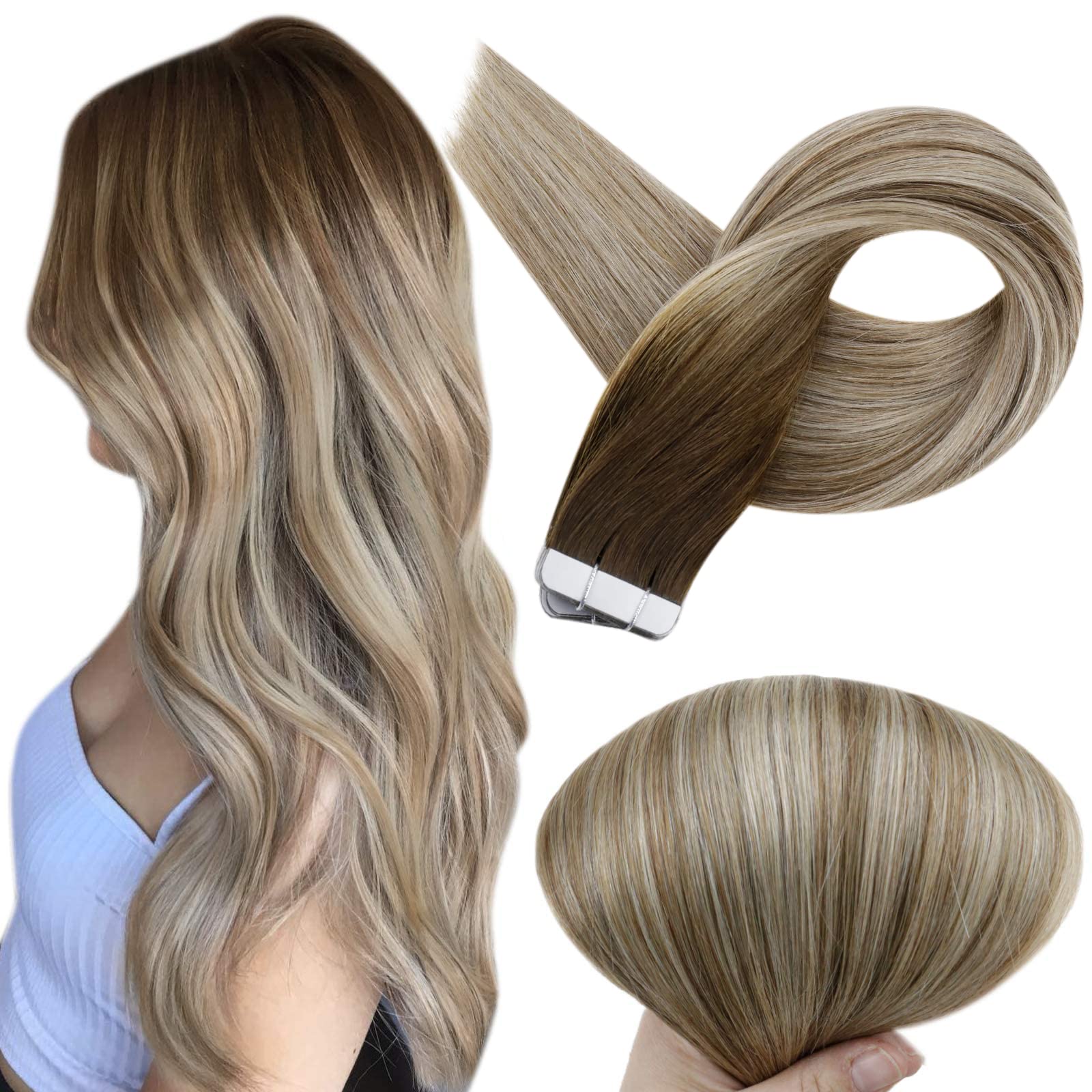 Full Shine 20 Inch Tape In 100 Percent Real Human Hair Balayage Color 3 Fading to 8 Highlighted 22 M