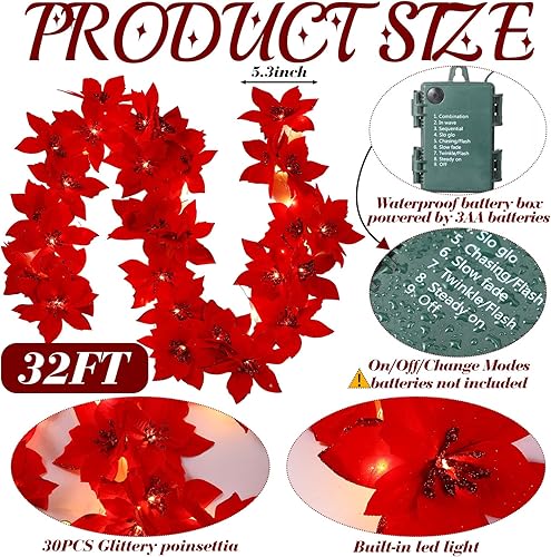 Miniatura 2 de VIHOSE Guirnalda de Pascua de Navidad con luz, guirnalda artificial de 32 pies con flores rojas con purpurina, guirnalda de flores de Pascua a pilas