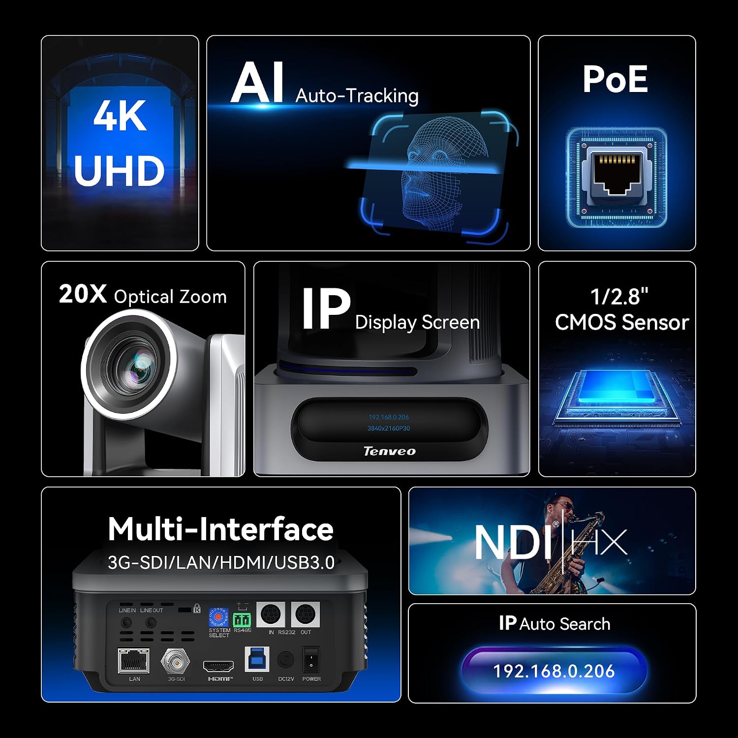 Tenveo 4K NDI PTZ Camera Bundle, 20X Zoom AI Tracking SDI/HDMI/USB/LAN Live Streaming Camera (2-Pack), 7'' Quad-Screen Joystick Controller & 8-Port PoE Switch Kit (VX20M-4KN x2+KB300PRO+PoE) 3 81NGQ+GF mL. AC SL1500