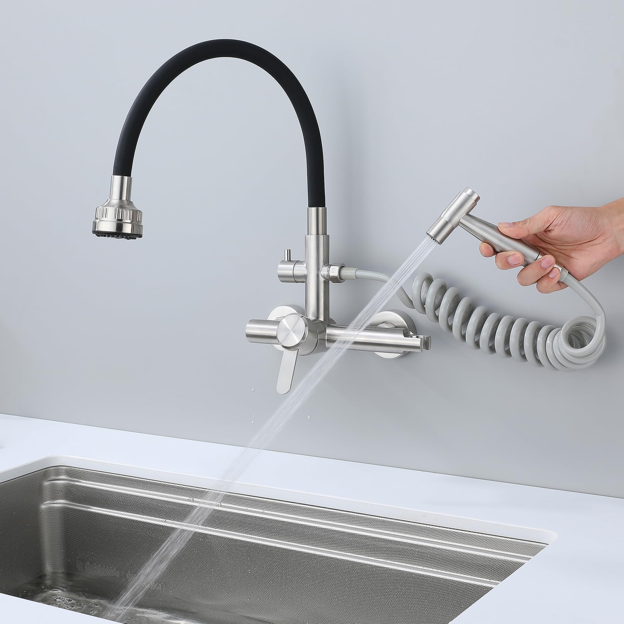 Grifo Cocina Pared Con Ducha, Grifo Pared Lavadero, 4 Modos De Pulverización De Agua, Grifo De Cocina Acero Inoxidable Cepillado