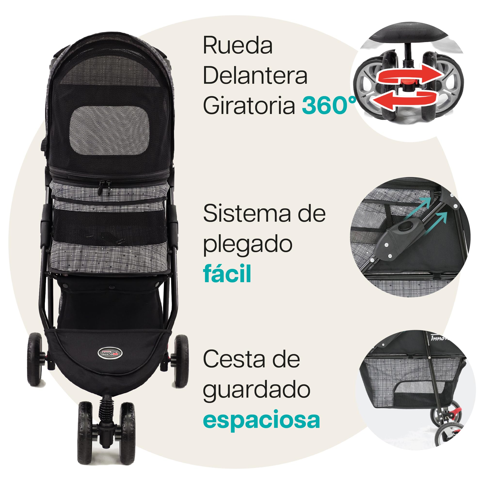 Innopet Avenue gris mezclado - Cochecito urbano plegable de 3 ruedas para perros y gatos, incluye cubierta de lluvia, correas de seguridad y cesta inferior