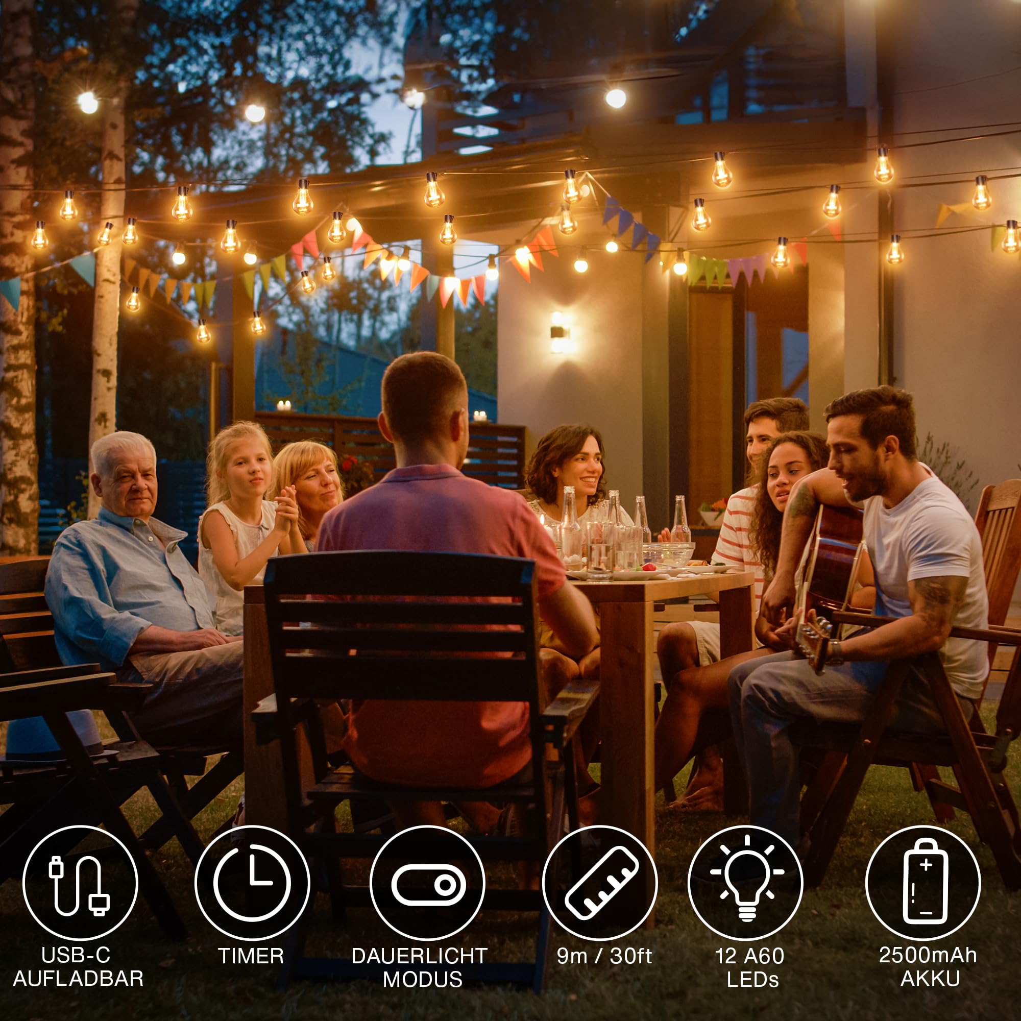 Cadena de luces LED para exteriores, con temporizador, 9 m, 12 bombillas A60, USB, recargable, 5000 mAh, para exteriores, Navidad, ventanas, escaleras, jardines, pabellones, bodas