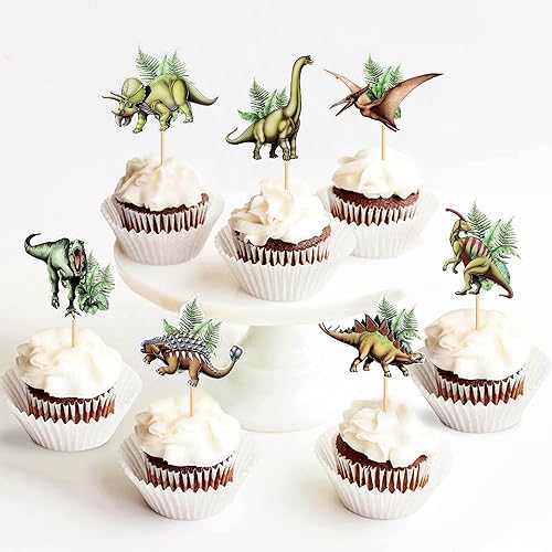 Miniatura 7 de Ercadio Paquete de 24 adornos de dinosaurio para tercera magdalena, color verde, 3 Rex Roar, dinosaurio, cupcakes, huevos de dinosaurio, feliz