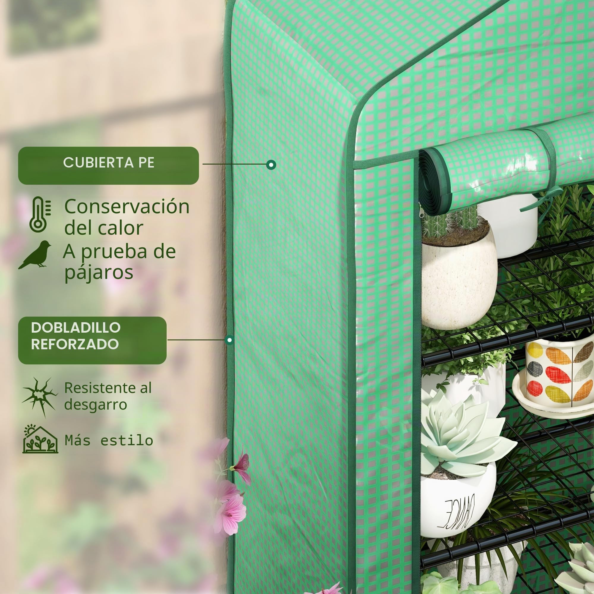 Outsunny Mini invernadero ancho 4 estantes,cubierta PE reforzada,Verde | Invernadero portátil, puerta enrollable, estantes de alambre, interior/exterior, 90x49x160cm