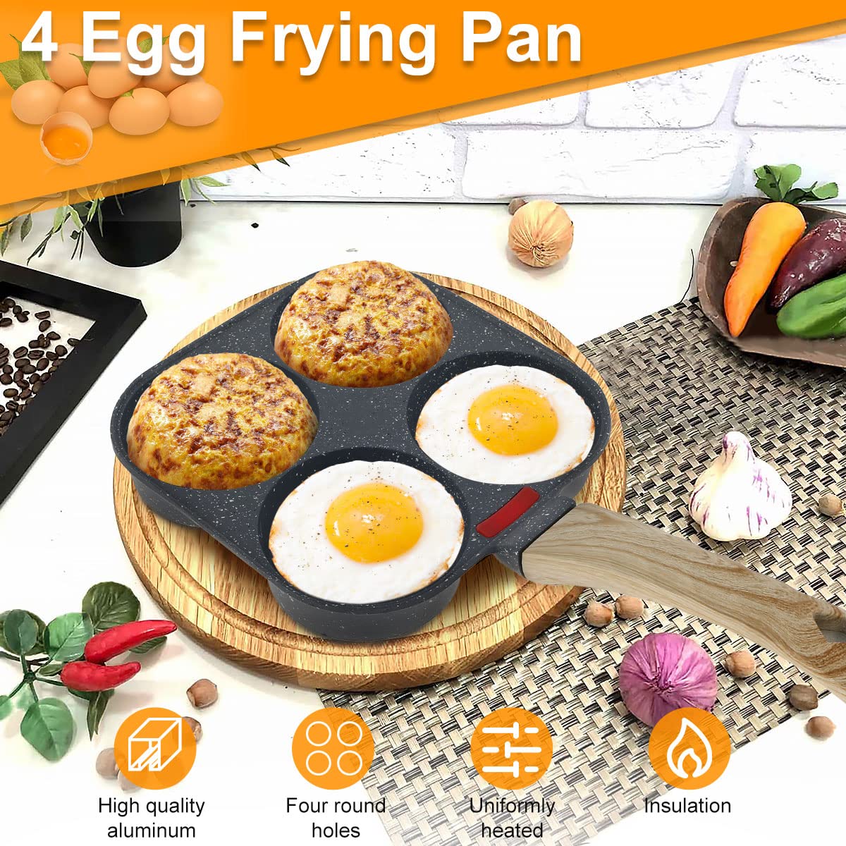 Your's Bath Non-Stick Frying Pan with 4 Hole Mini Egg Cooker Omelet Pan Egg Skillet with Wood Handle Easy to Clean Multi Pancake Pan Aluminum Fried Egg Burger Pan for Breakfast - Image 2
