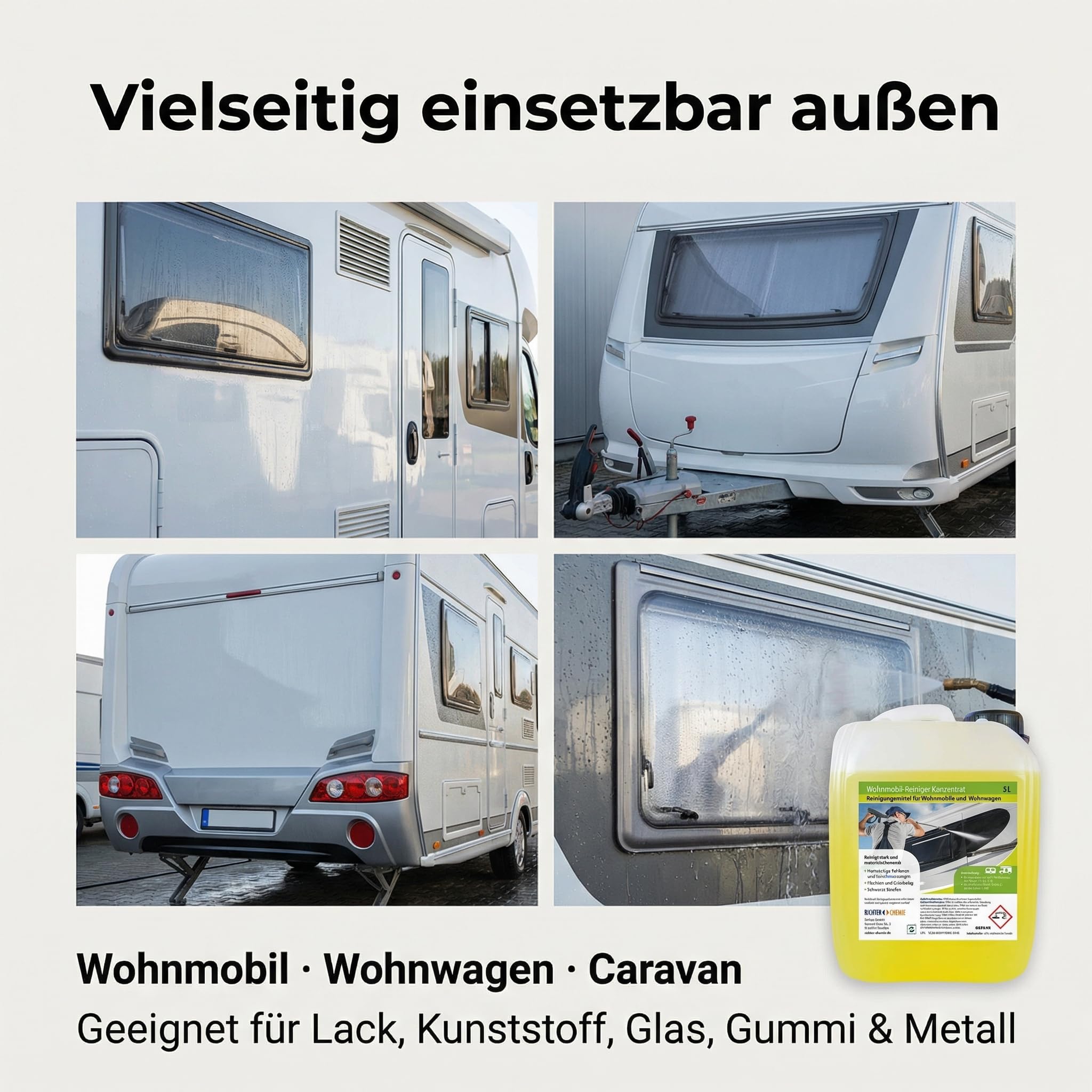 Richter Chemie Wohnwagenreiniger außen, Caravanreiniger & Wohnmobilreiniger Konzentrat, 5L Kanister, verdünnbar (bis 50 L Lösung), starke Reinigung, materialschonend, Entfernt Schwarze Streifen