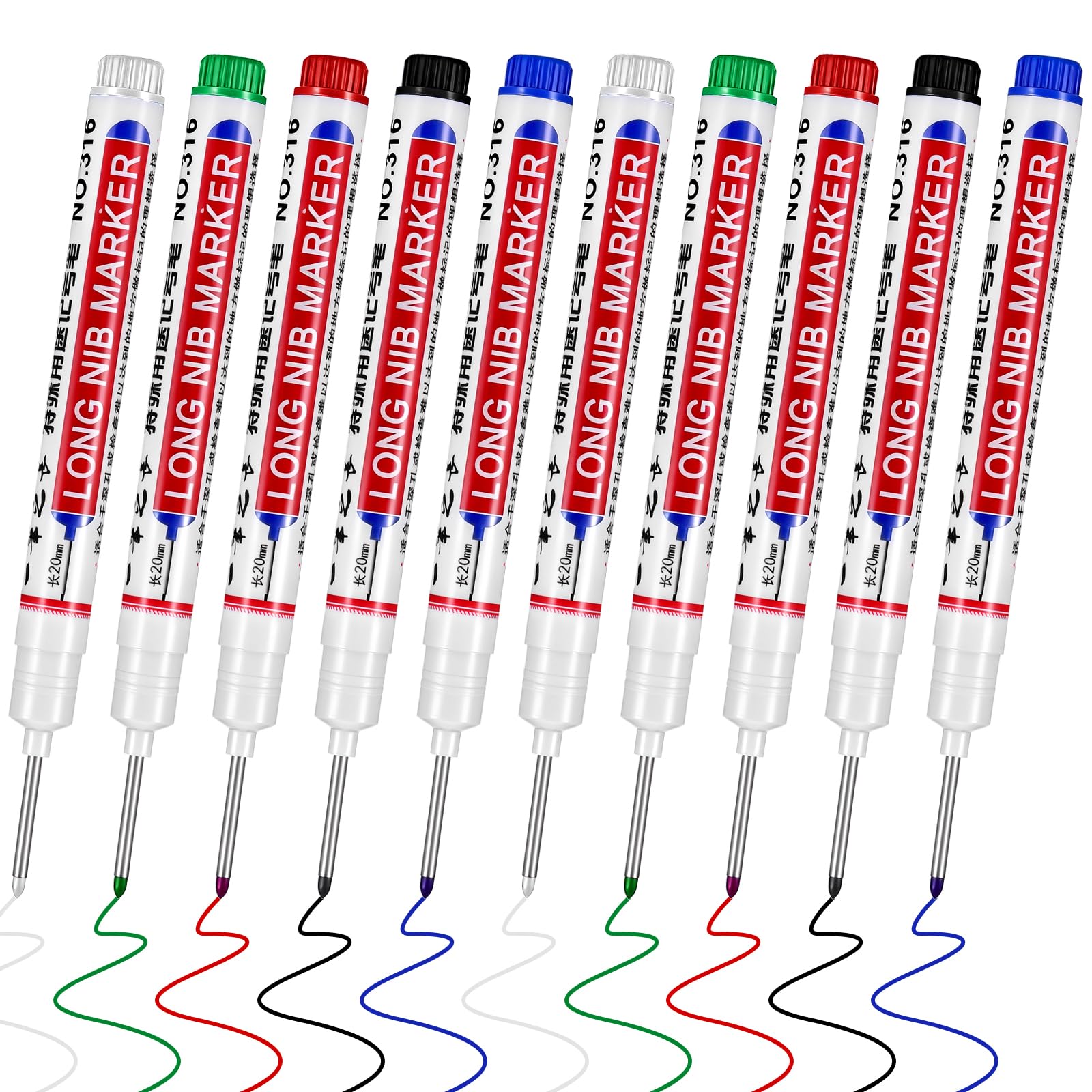 10 Stück Tieflochmarker Wasserfest Markierungsstift 20mm Bohrlochmarker Extralange Spitze Tiefenlochmarker Bohrlochmarkierungen Karton Baustellen Stift für Holz Karton Wand Kunststoff Metall
