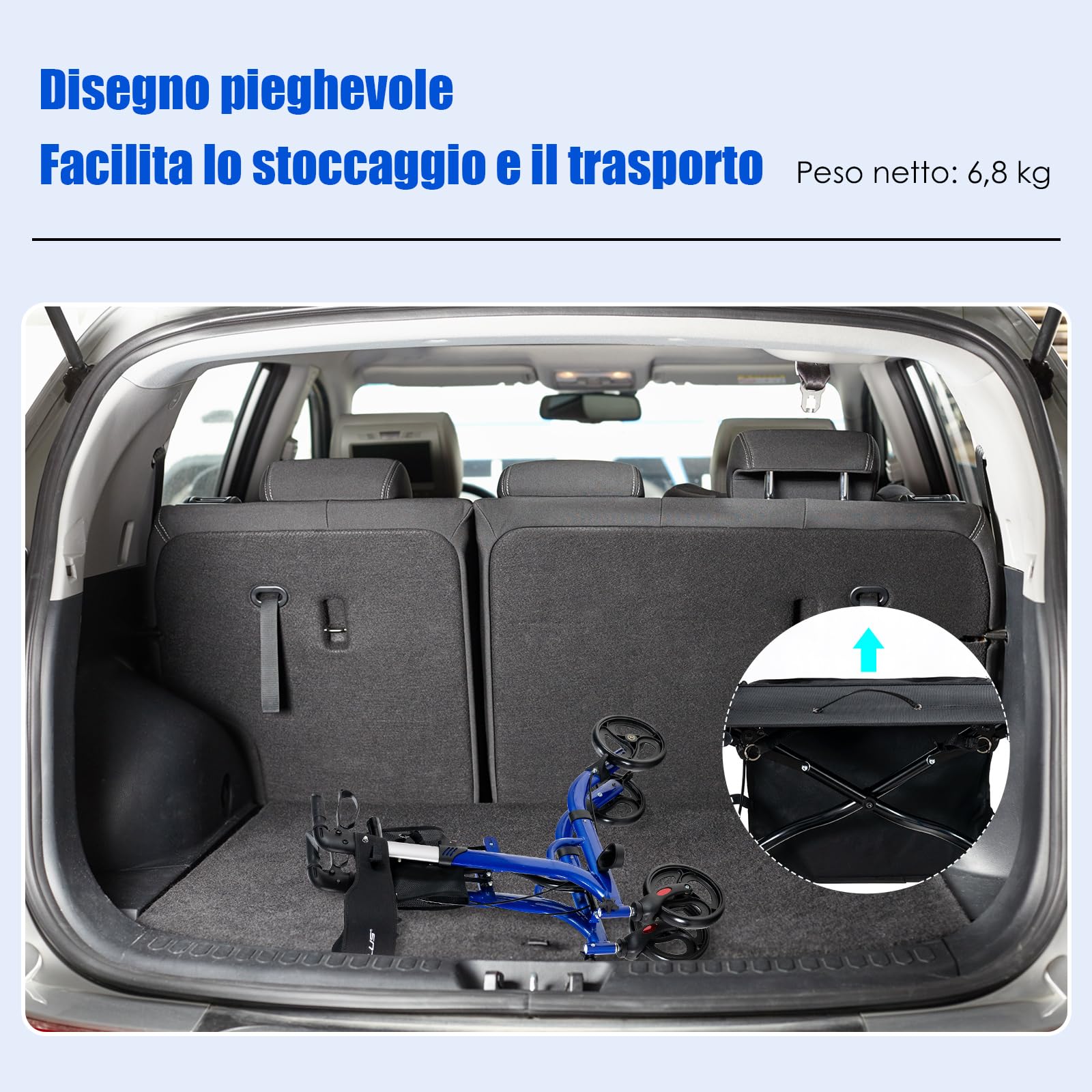 COSTWAY Deambulatore con Seduta 2 in 1, Rollator Pieghevole, Deambulatore per Anziani con 4 Ruote, Maniglie Regolabili Freni, con Doppia Funzione Schienale Reversibile e Borsa Portaoggetti (Blu)