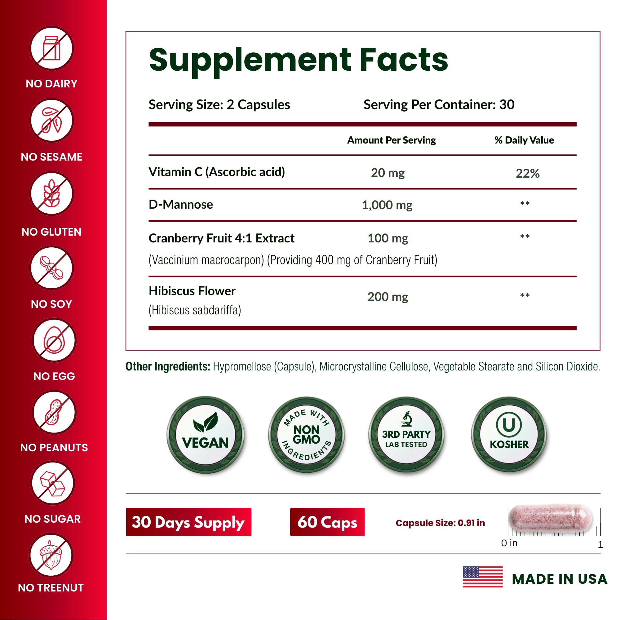 D Mannose 1000mg Capsules - D-Mannose with Cranberry, Hibiscus & VIT C, Urinary Tract Health for Women and Men, Organic DMannose Pills for UTI, Urinary Health & Bladder Support 60 Capsules — Amazon image 5