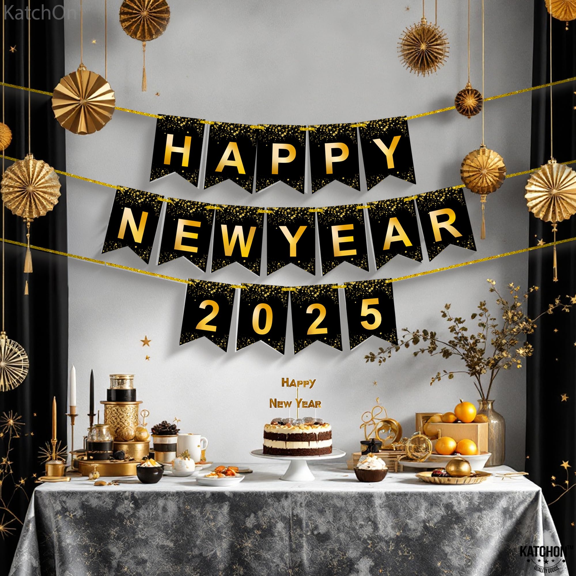 Big Happy New Year Foil Balloons Kit – 30 Inch Star & 18 Inch Round Balloons, Black & Gold, NYE Party Decor