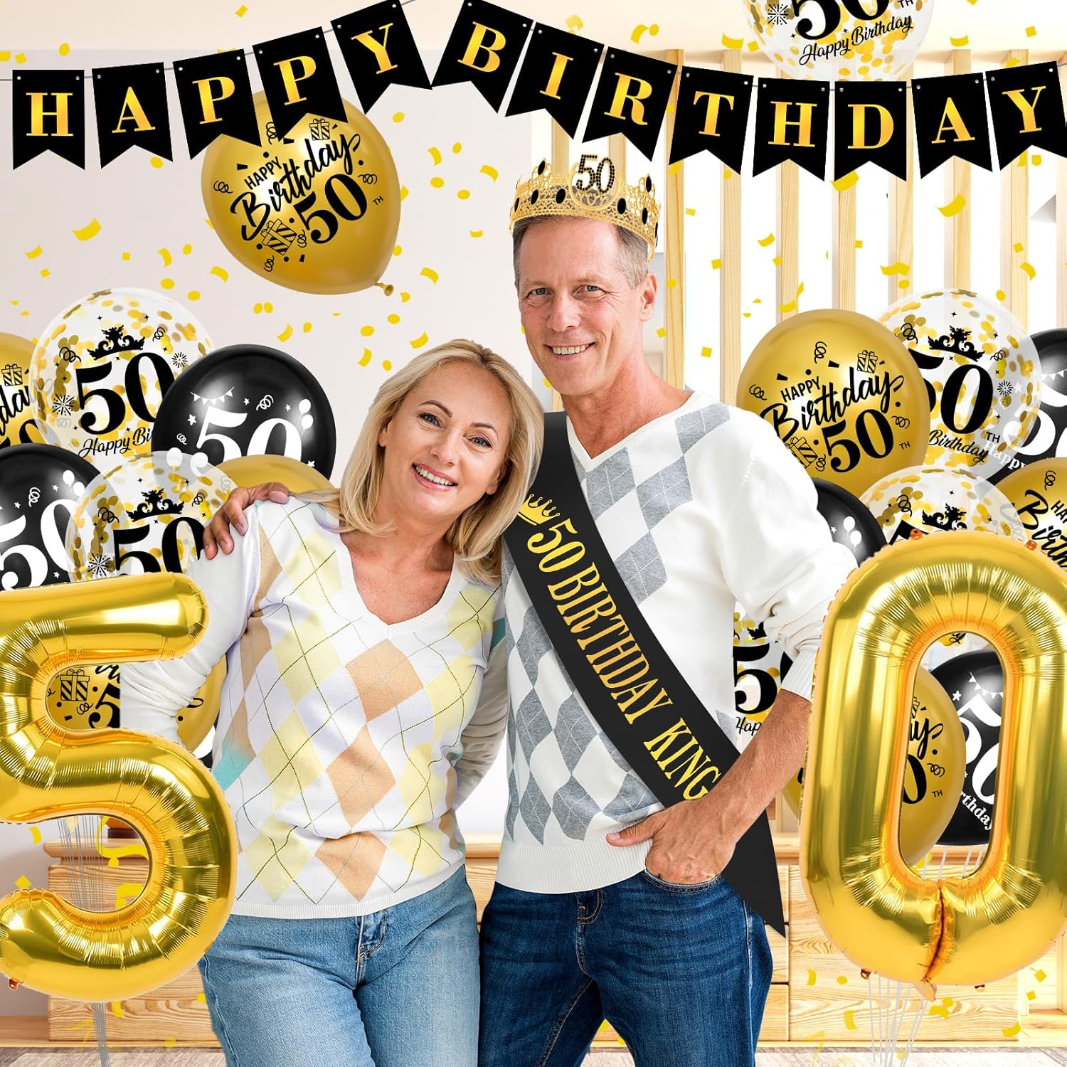 27PCS Black Gold 50th Birthday Decoration Gift for Men Him Husband Father Black Gold 50th Birthday Banner Balloons Cake Topper King Crown Sash Number 50 Foil Balloon for Party Supplies - Image 2