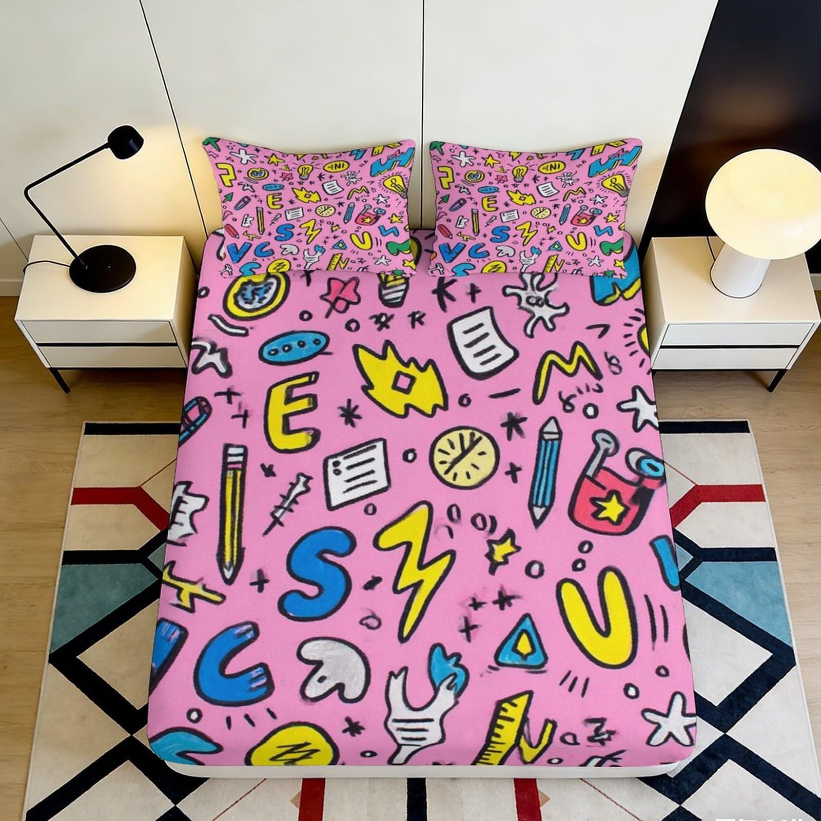 3D Printed Cartoon Doodle Fitted Sheet Microfiber Soft Pink Graffiti Mattress Cover for Bedroom Dorm Decorative Protection 90x200x25cm