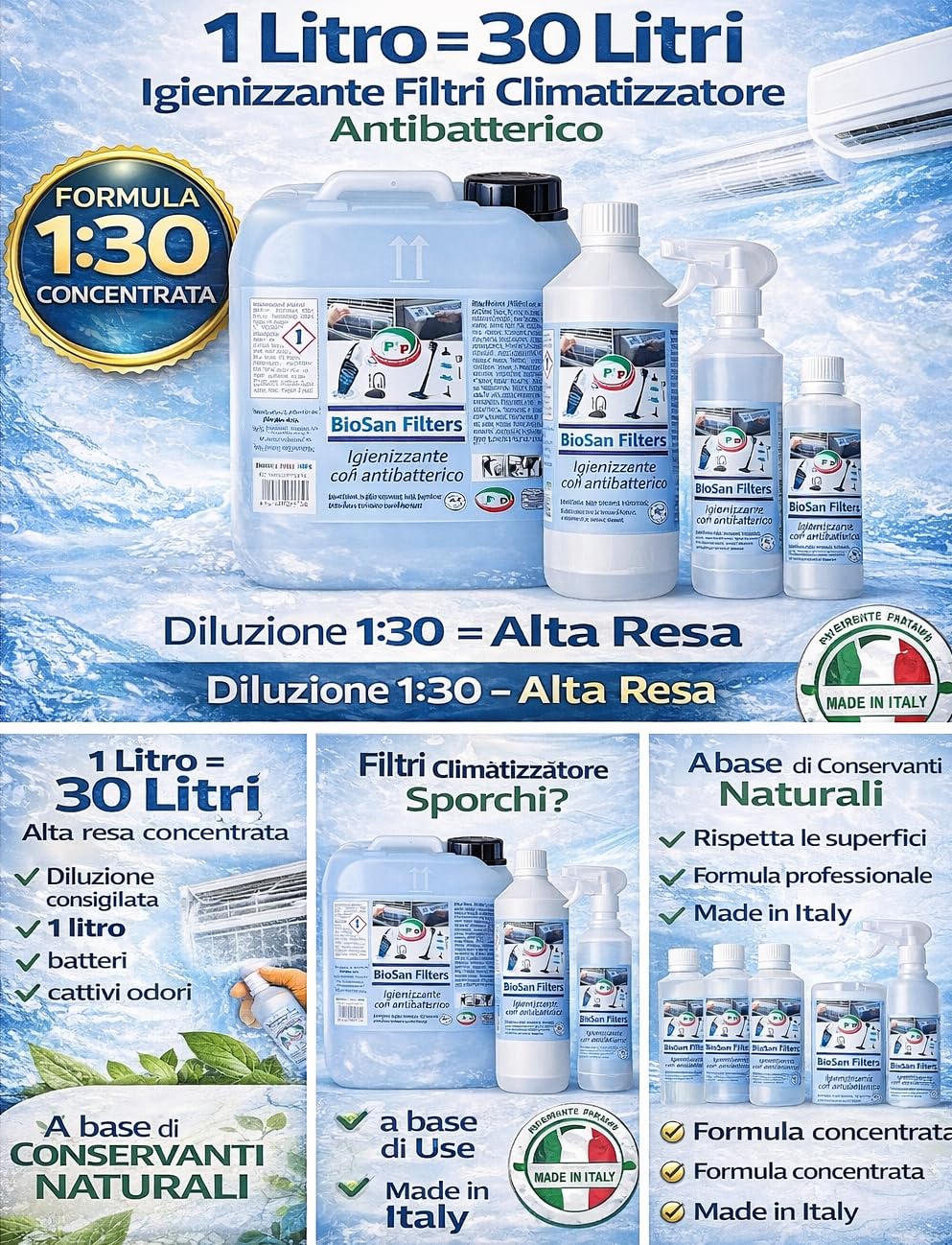 PIP Detergente Concentrato Bio FoodSan Filtri, Concentrato Tanica 8 Litri Pari a 240 Litri Pronto Uso, Pulizia Filtro Climatizzatore, Condizionatori Professionale HACCP