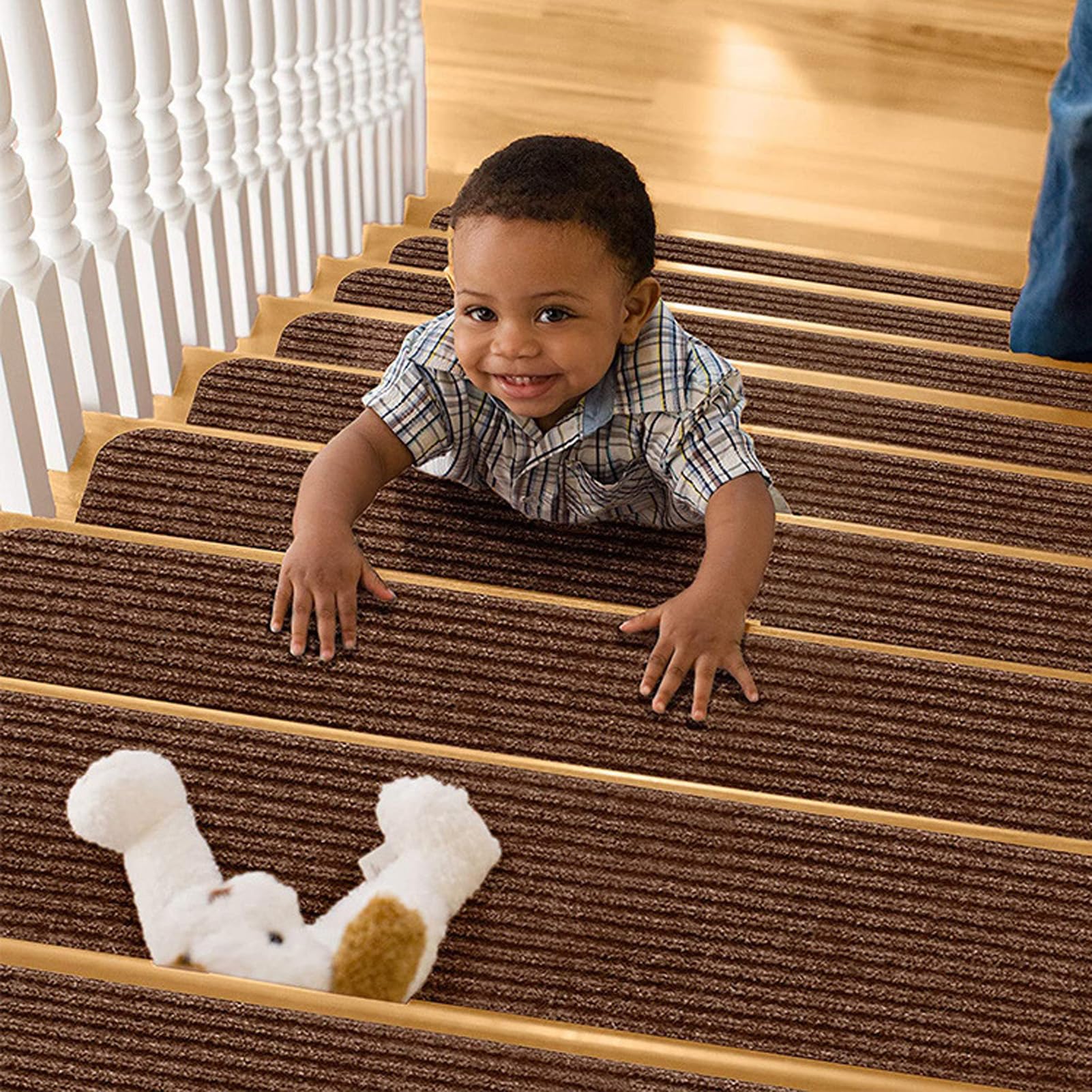 uoXHFdh Set of 15 Stair Mat, 20cmx76cm, Self-Adhesive Stairs Carpet Indoor Runner Rugs for Pets Kids Elders(S brown)