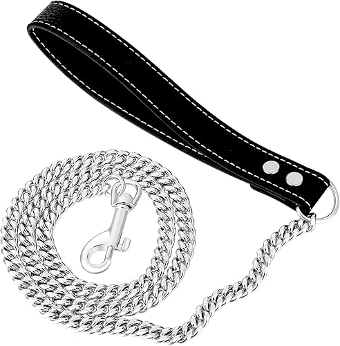 iDofas Correa de cadena de plata para perro, acero inoxidable de oro de 18 quilates, correa de perro con mango de cuero para perros (4 piesplateado)