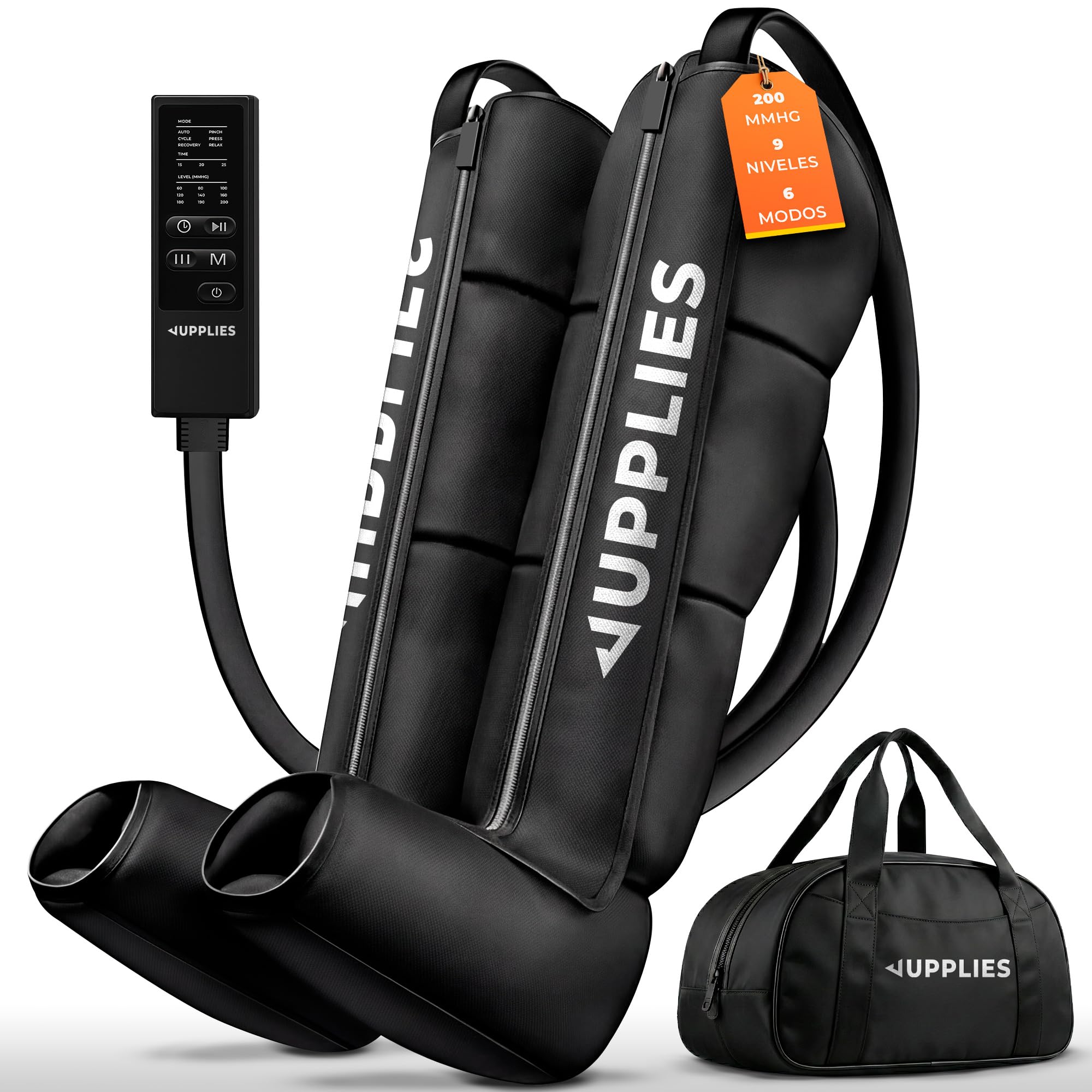 JUPPLIES Máquina Presoterapia para Casa con Botas - 6 Modos, 9 Niveles y Temporizador - Presoterapia Piernas Profesional para Drenaje Linfático, Circulación y Recuperación Muscular - con Bolsa (L)