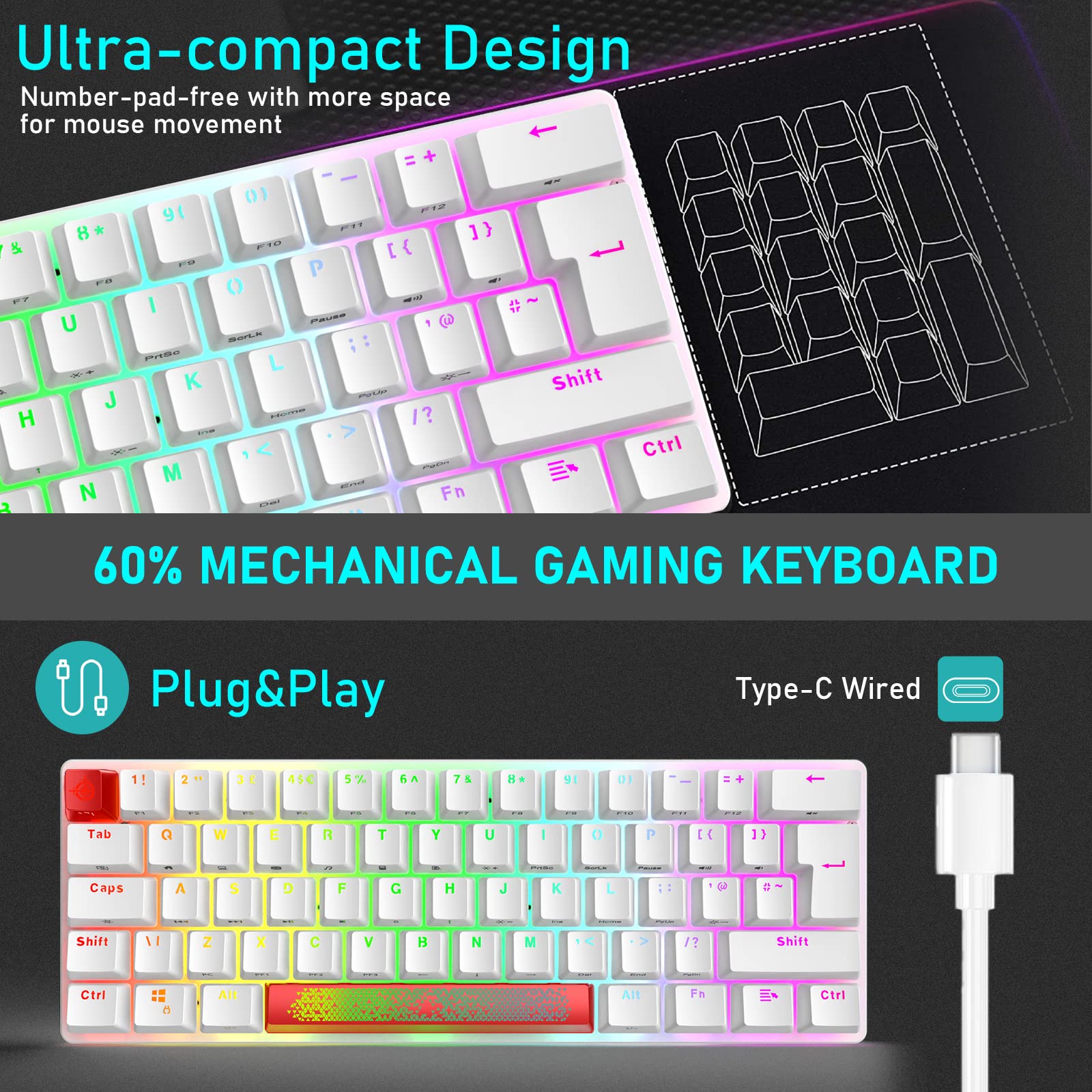 Układ brytyjski, mechaniczna klawiatura do gier RGB, 14 efektów podświetlenia, mini 62 klawisze, przewodowa typ C + lekka mysz RGB 6400DPI o strukturze plastra miodu + podkładka pod mysz kompatybilna z PS4, Xboxem, PC, laptopem (czerwono-czarna)