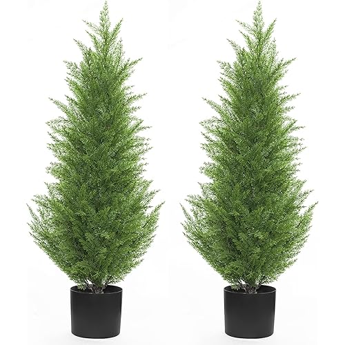 Kissilk Artificial Cedar Pine Tree Silk Tree Arborvitae Tree Perfect Faux Plants Potted UV Rated Plant for Indoor Outdoor, Home Garden Office Store Decoration,3 Feet-2 Pack (3 Feet-2 Pack)