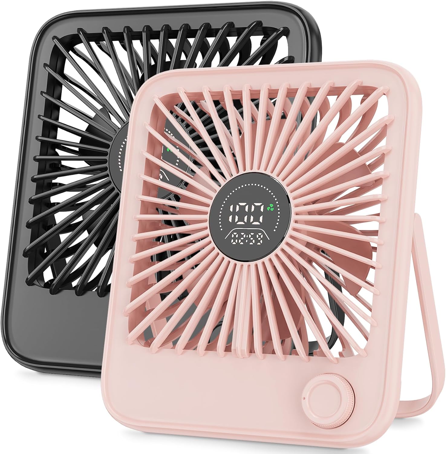 Ouddy Mode 2 Pack Small Desk Fan, Rechargeable Quiet Portable Travel Fan with 100 Wind Speeds Digital Display Black and Pink Personal Fans for Office Bedroom Home Outdoor