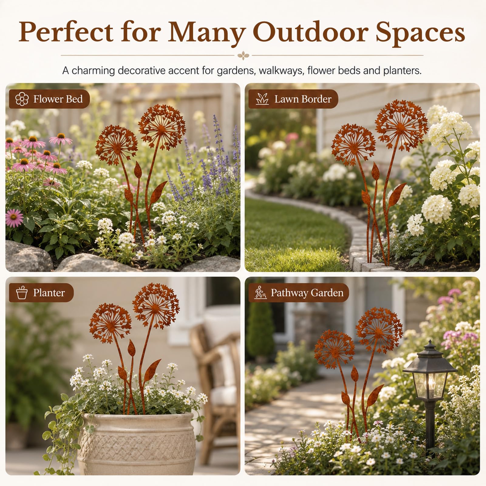 Juego de estacas de jardín de Metal Oxidado, estacas Decorativas de Diente de león, estacas de Flores de Primavera, decoración de jardín Exterior Resistente a la Intemperie