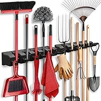 HOMEIT 2-Pack Broom Mop Holder Wall Mount - 5 Slots 6 Hooks 7.5lbs Each Garage Kitchen Laundry Storage Organizer Black