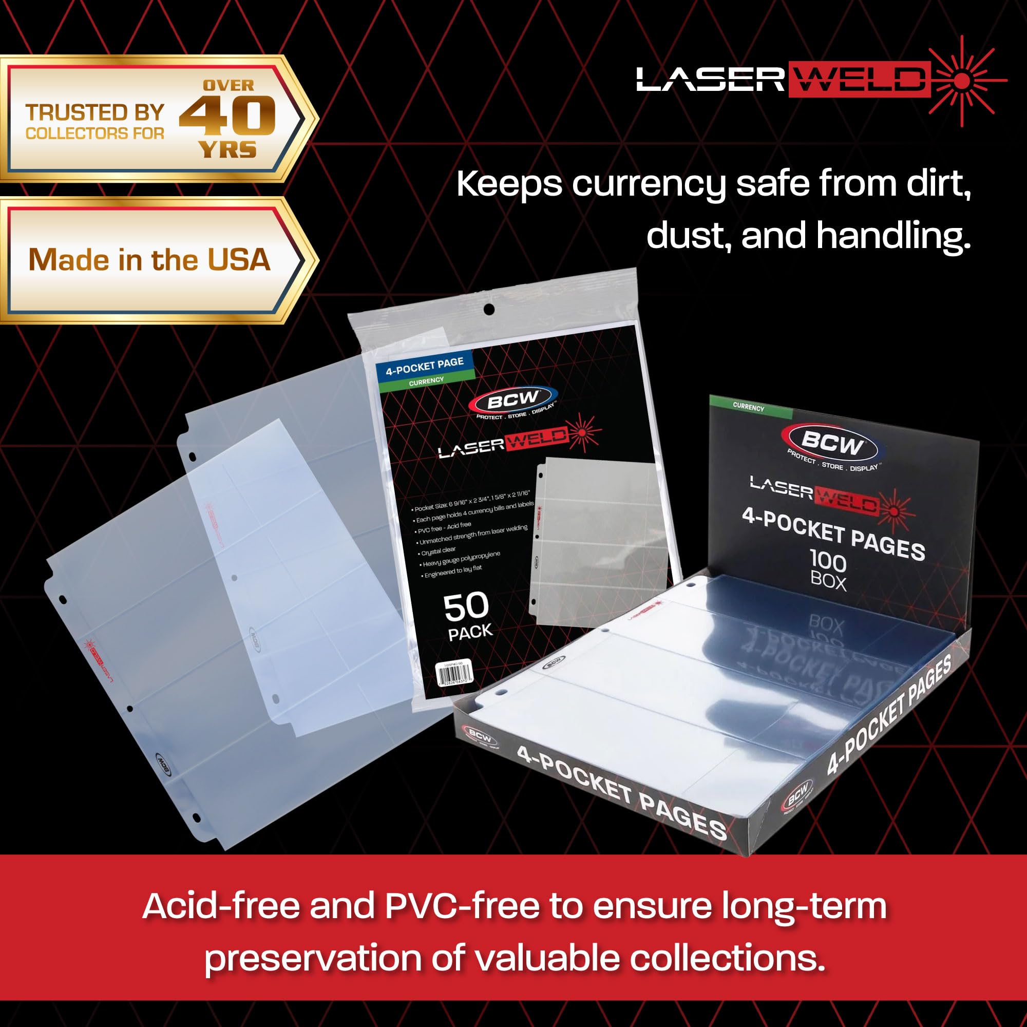 BCW LaserWeld 4-Pocket Currency Page - 50ct | Holds 4 Regular Bills with Label Pocket | Acid-Free Polypropylene | Top Loading, Laser-Welded Pages | Flat, Glare-Free Display for 3-Ring Binders