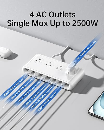 Miniatura 4 de Estación de carga USB 10 en 1 con salidas de CA, regleta protectora de sobretensiones con puertos USB PD 20W, cable de extensión USB de 4.9 pies