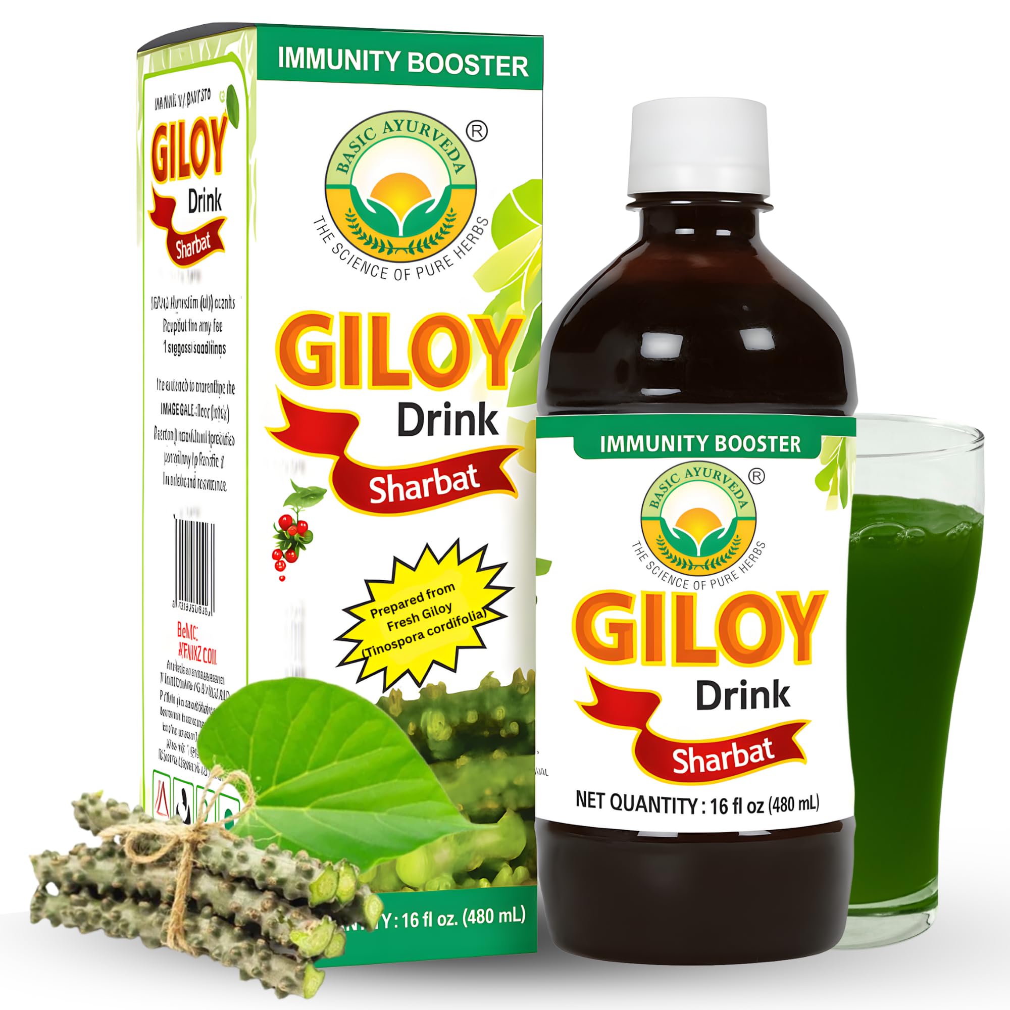 BASIC AYURVEDA Giloy Juice Drink Sharbat – 16.23 Fl Oz (480ml) | Herbal Tinospora Cordifolia Juice | Refreshing Daily Drink for Wellness & Balance | No Added Sugar or Preservatives
