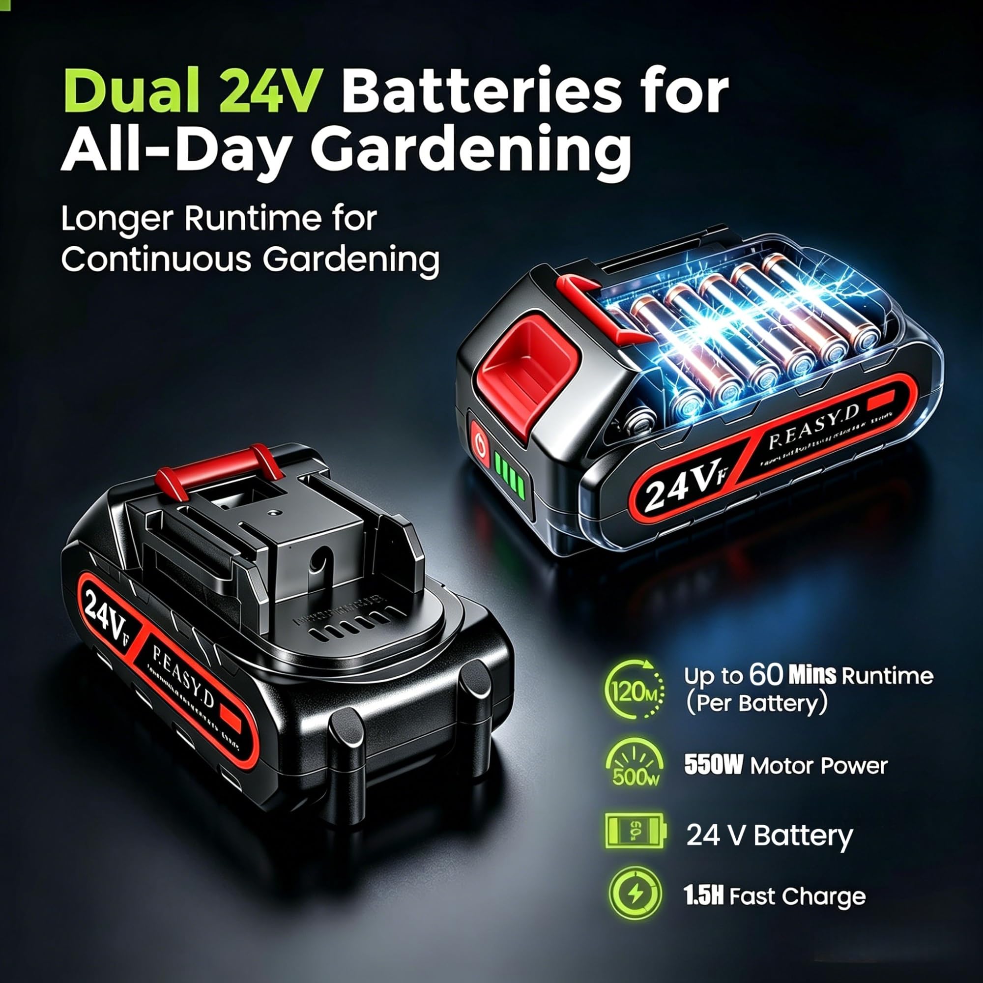Motocoltivatore a Batteria con 1 Batterie 24V, Motozappa Elettrica da Giardino, Profondità e Larghezza di Lavoro 10 cm, Coltivatore Portatile per Prato, Giardino, Serra e Orto