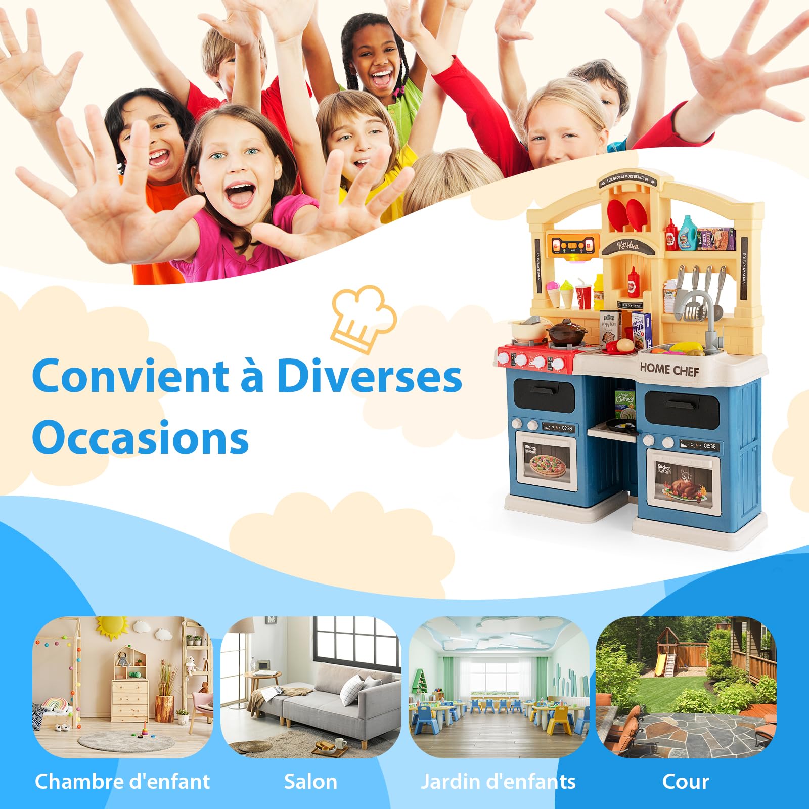 COSTWAY 42 Pcs Cuisine Enfants avec Effets de Vapeur & d'Ebullition, Jeux de Cuisine Enfants avec Lumières et Sons Réalistes, Jouet d’Imitation pour Enfants de 3 Ans+, 64,5 x 24 x 83 cm (Bleu.)