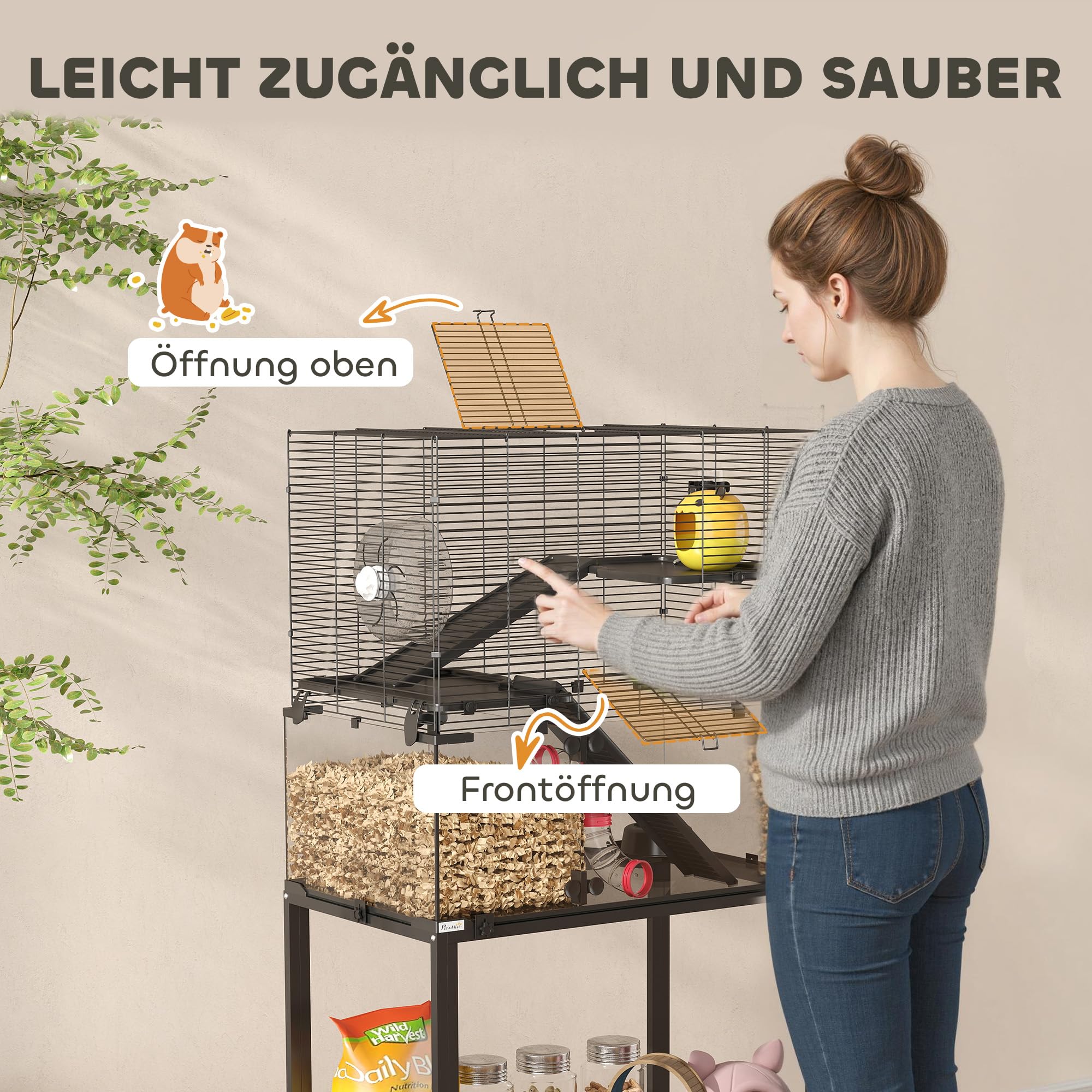 PawHut Klatka dla chomika na kółkach, 3 poziomy, klatka dla gryzoni z systemem rur, domek, rampy, miska na jedzenie i akcesoria, chomików dżungarskich 77 x 49 x 130,5 cm, czarna