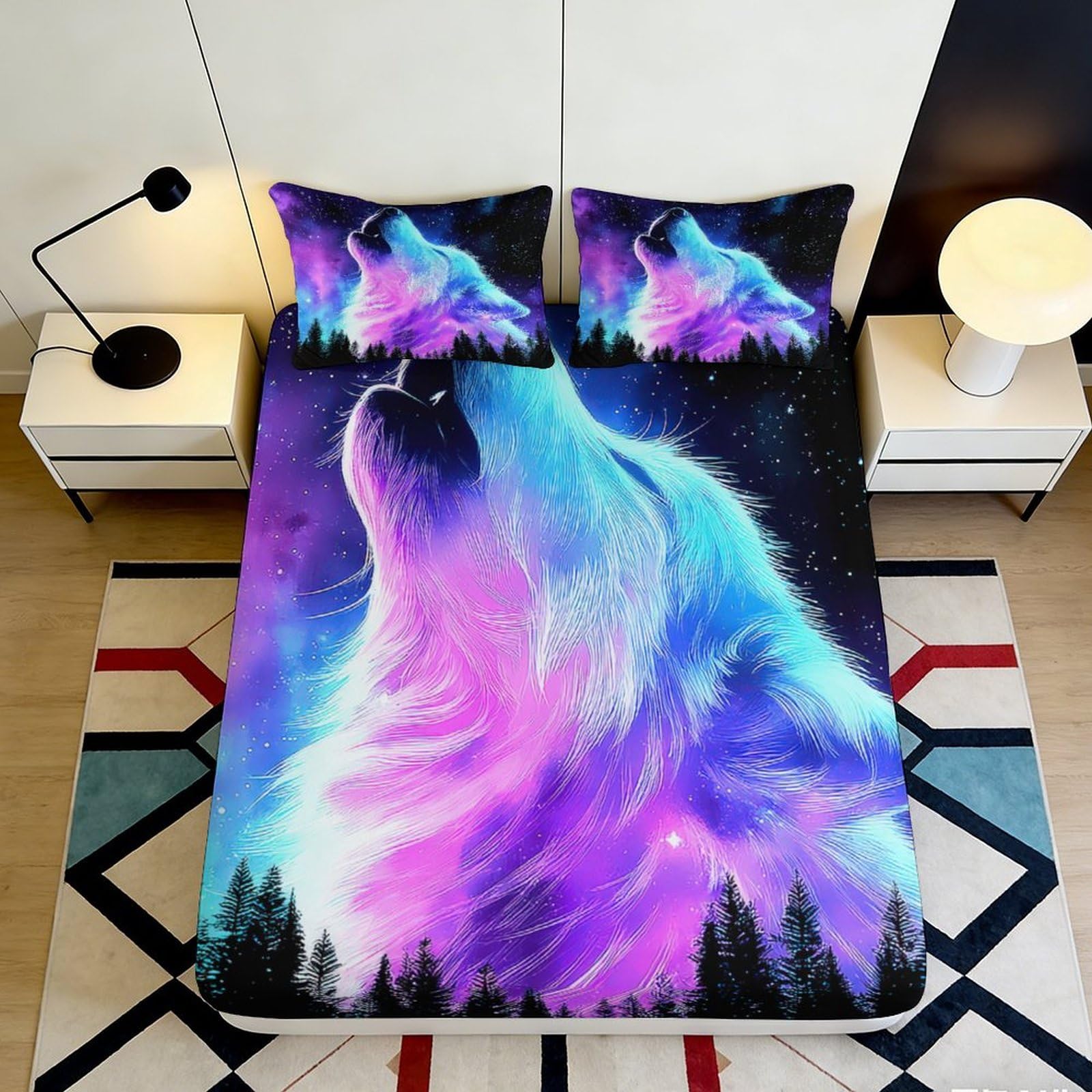 3D Printed Aurora Wolf Fitted Sheet Microfiber Soft Breathable Night Sky Mattress Cover for Bedroom Dorm Decor 90x200x25cm