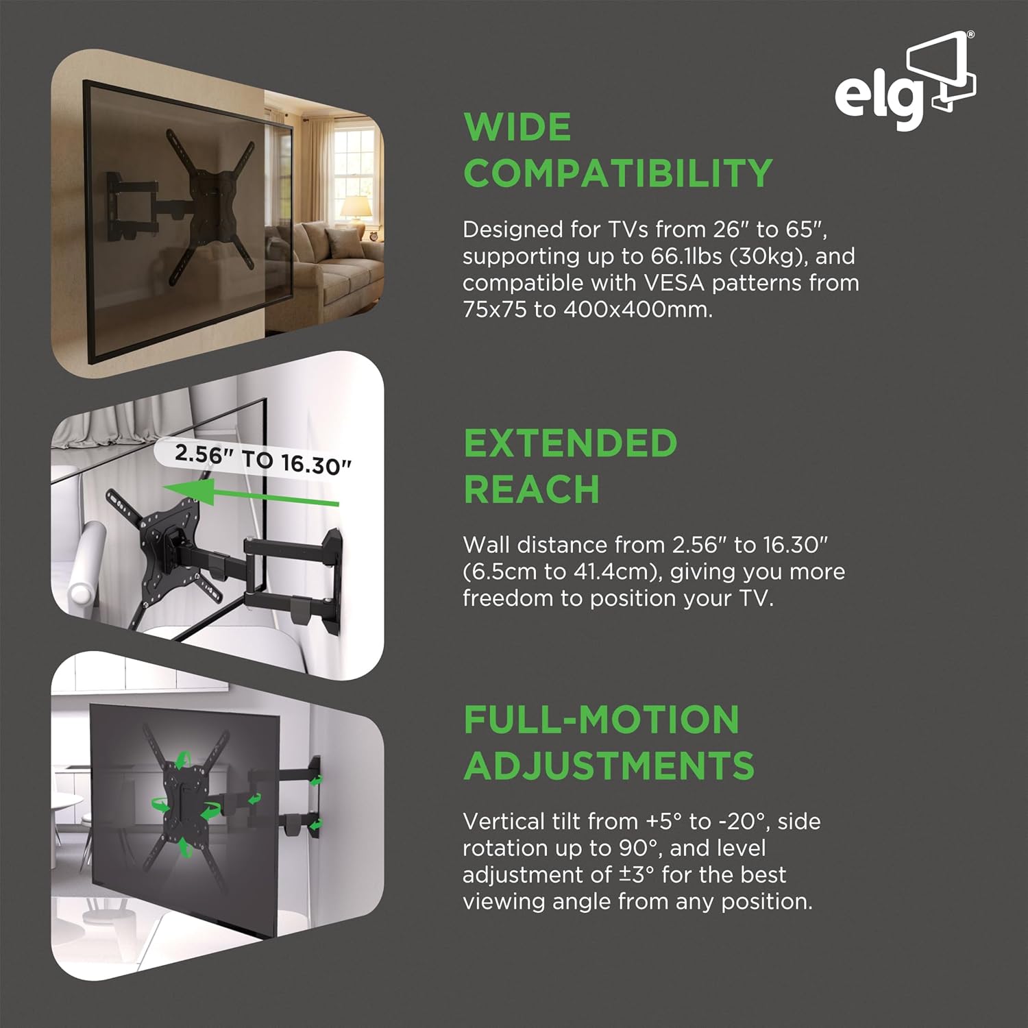 ELG Full Motion TV Wall Mount - Fits 26'' to 65'' TVs, Up to 66.1lbs, Swivel, Tilt, Extension, Max VESA 400x400mm, FULL40 PRO, Heavy-Duty Steel Construction, Sleek Black Finish