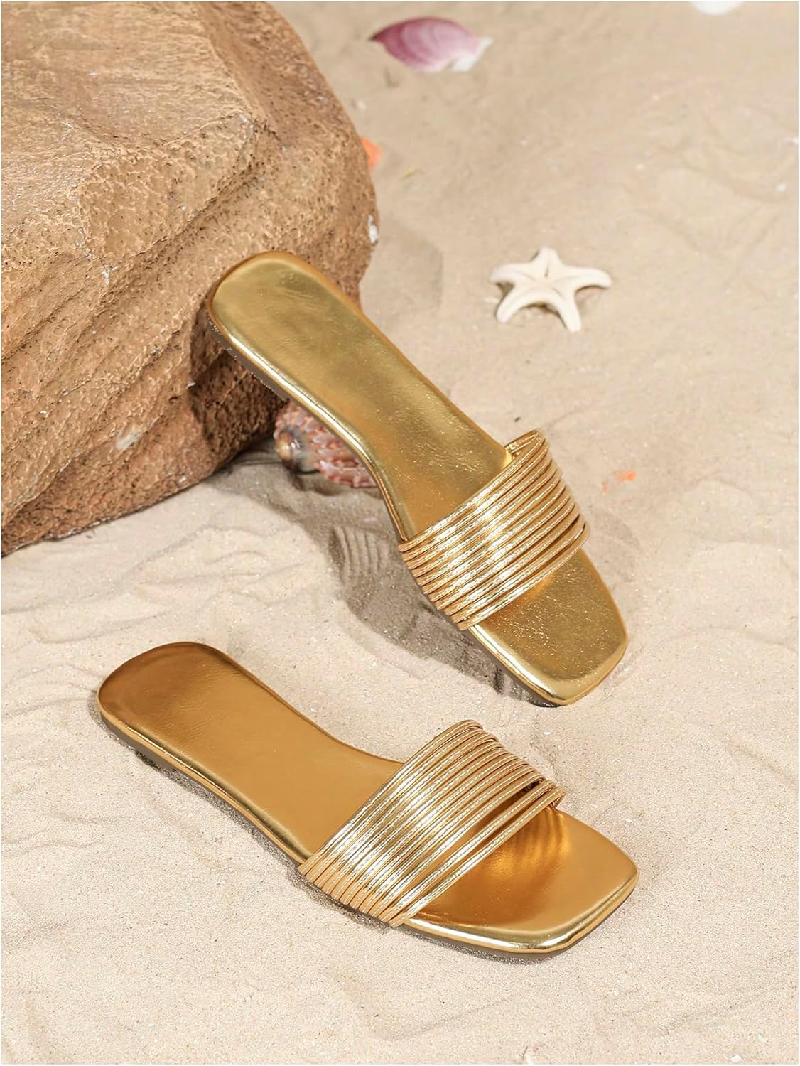 GORGLITTER Women's Gold Square Open Toe Flat Sandals Dressy 2026 Trendy Metallic Strapy Slide on Shoes - Image 3