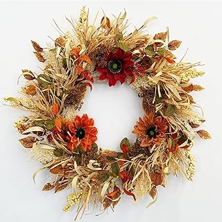 Fall Wreaths for Front Door, 24 inch Autumn Wreath with Sunflowers, Raffia, Berries & Wheat - Rustic Farmhouse Thanksgiving Door Decor for Porch, Mantel, Wall, Indoor Outdoor Use