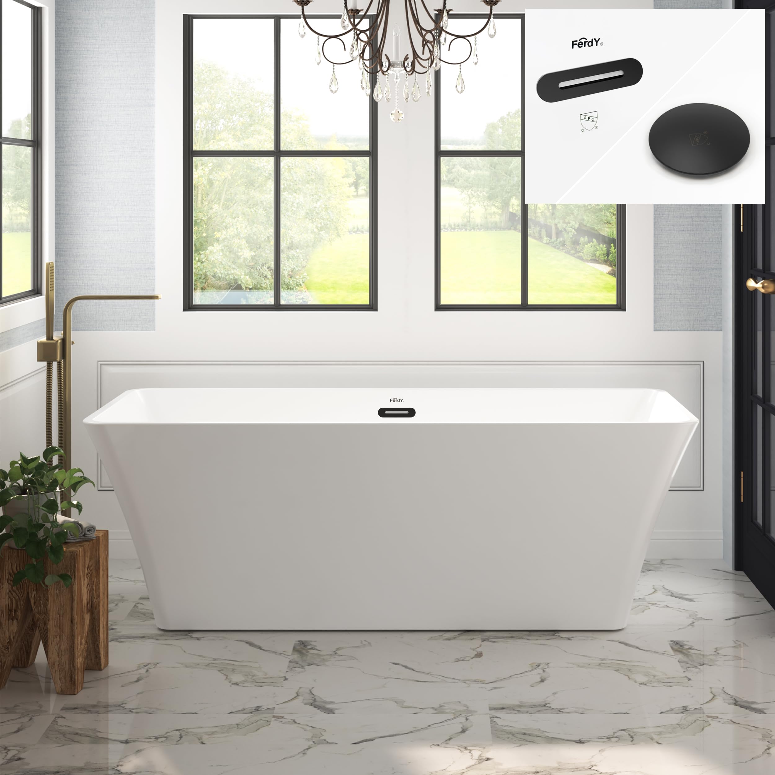 FerdY Sentosa 67" Acrylic Freestanding Bathtub, Contemporary Design Soaking Tub with Matte Black Drain and Matte Black Overflow, Easy to Install