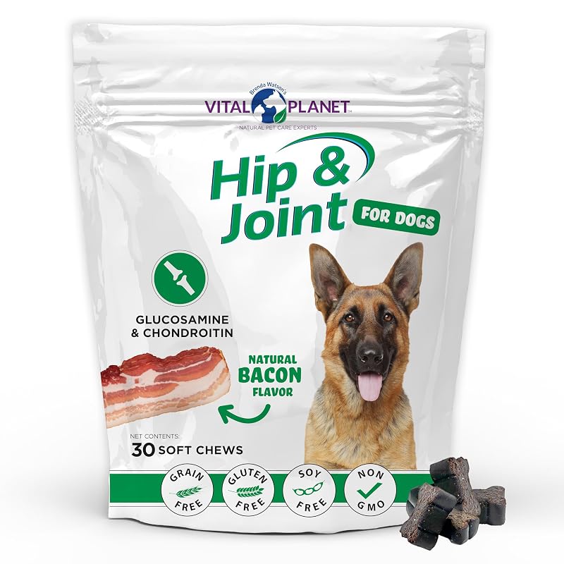 Suplemento para cães Vital Planet Hip and Joint com glucosamina, MSM e mexilhão-verde, sabor bacon, 30 mastigáveis macios