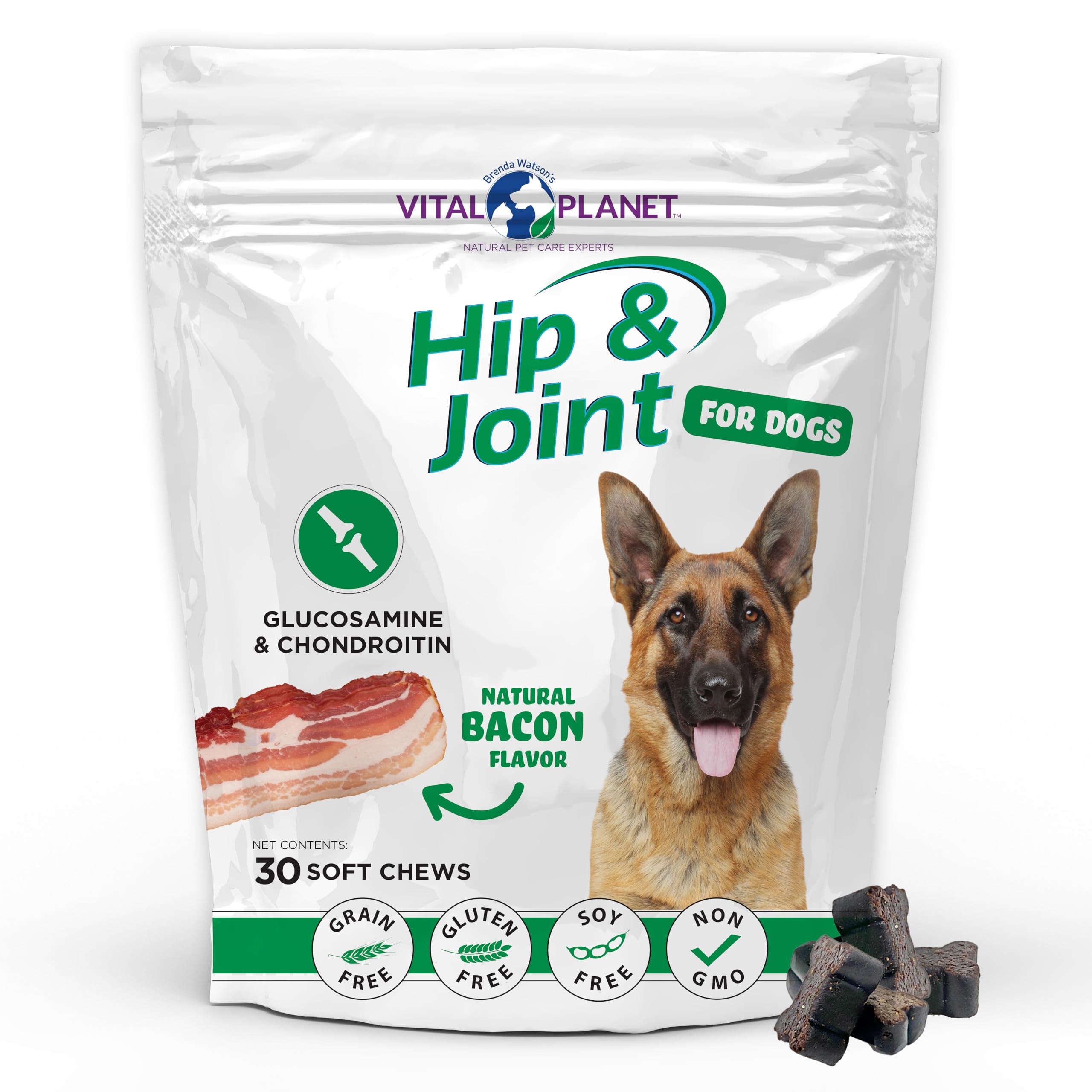 Vital Planet - Hip and Joint Soft Chews for Dogs, with Glucosamine, MSM, and Collagen from Green-Lipped Mussel - 30 Bacon Flavored Soft Chews