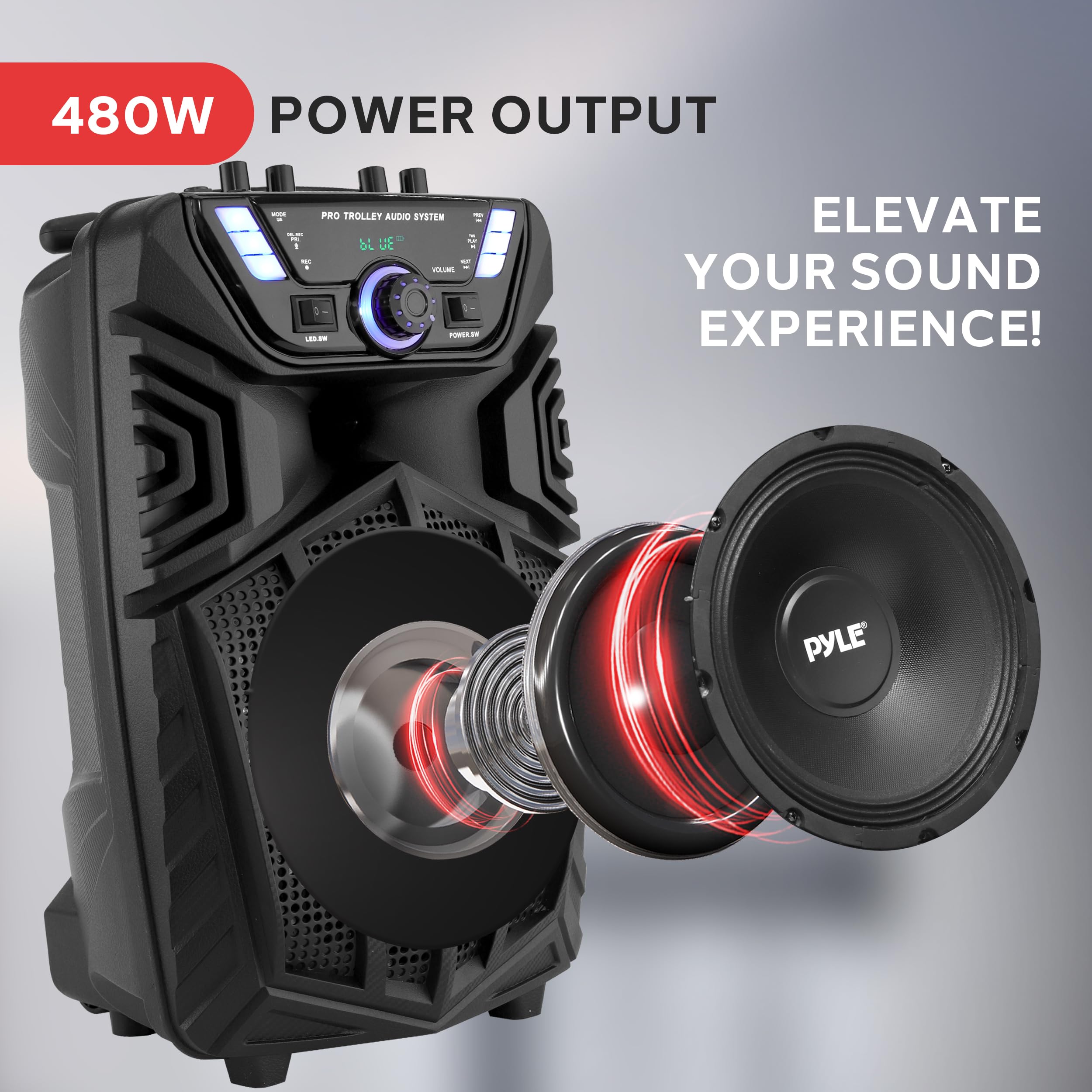 Pyle przenośny głośnik Bluetooth PA 480W – 8” akumulatorowy głośnik karaoke outdoor, system audio z bezprzewodowym mikrofonem i kółkami – TWS, światła imprezowe, wyświetlacz LED, FM/AUX/MP3/USB/SD