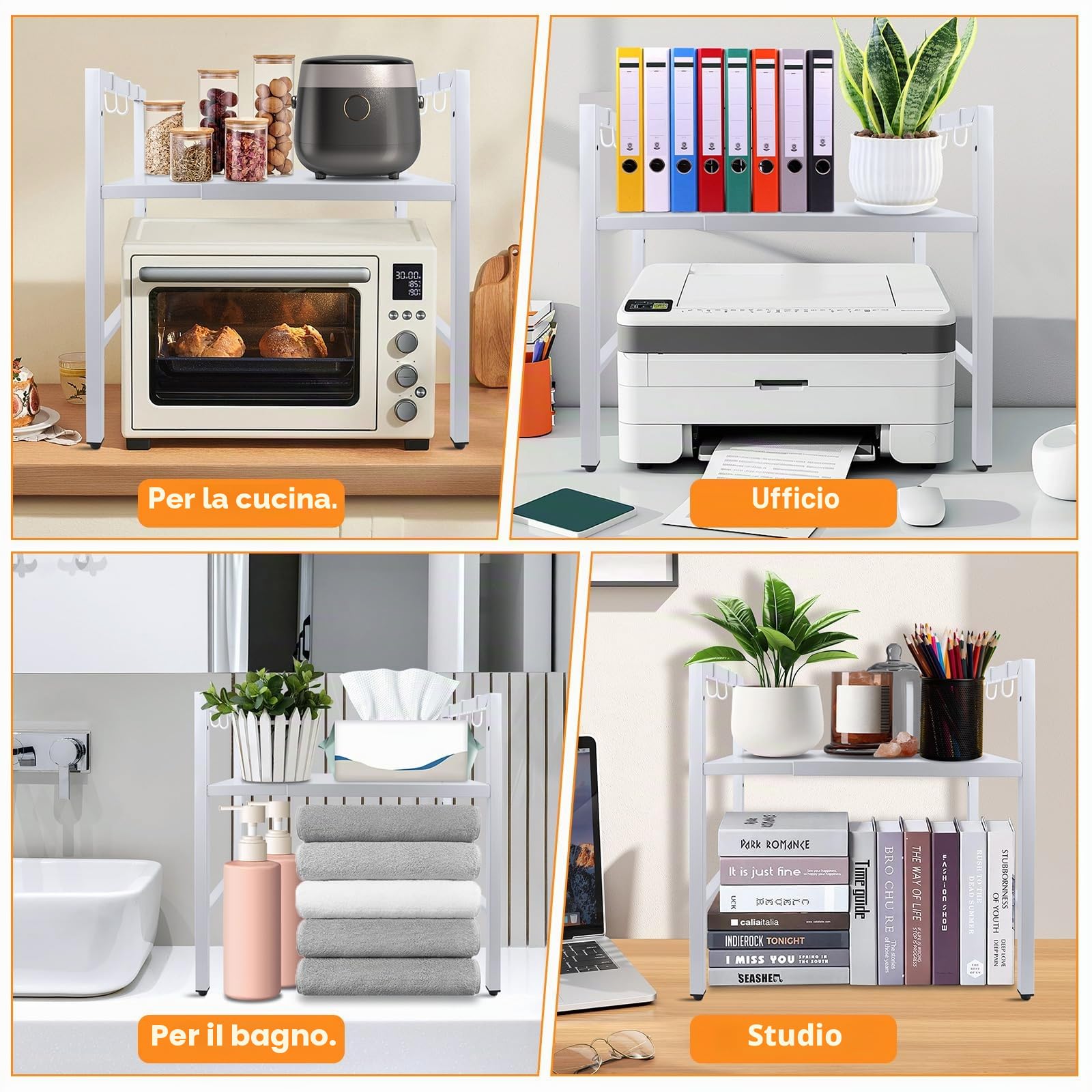 MXTIMWAN Ripiano Espandibile per Microonde, Mensola Microonde Estensibile, Supporto Estensibile per Forno a Microonde 2 Livelli, Supporto per Microonde con 6 Ganci, 40-64cm