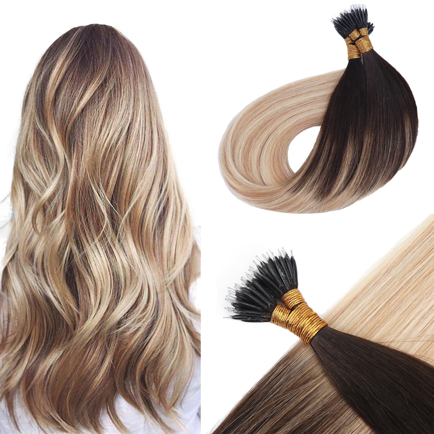 KOCONI 22 Inch Nano Ring Hair Extensions, Real Human Hair, Dark Brown Ombre to Caramel Blonde With Platinum Blonde Balayage