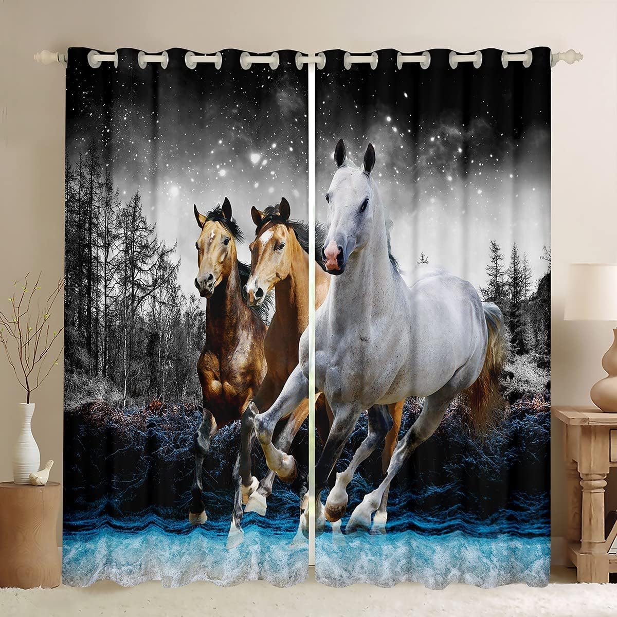 Feelyou Horse Curtains Galloping Horse Window Curtains Bedroom Living Room Kids Room Decor Boys Girls Wildlife Window Drapes Farm Animal Kids Bedroom Decor Window Treatments 52W X 84L，2 Pane