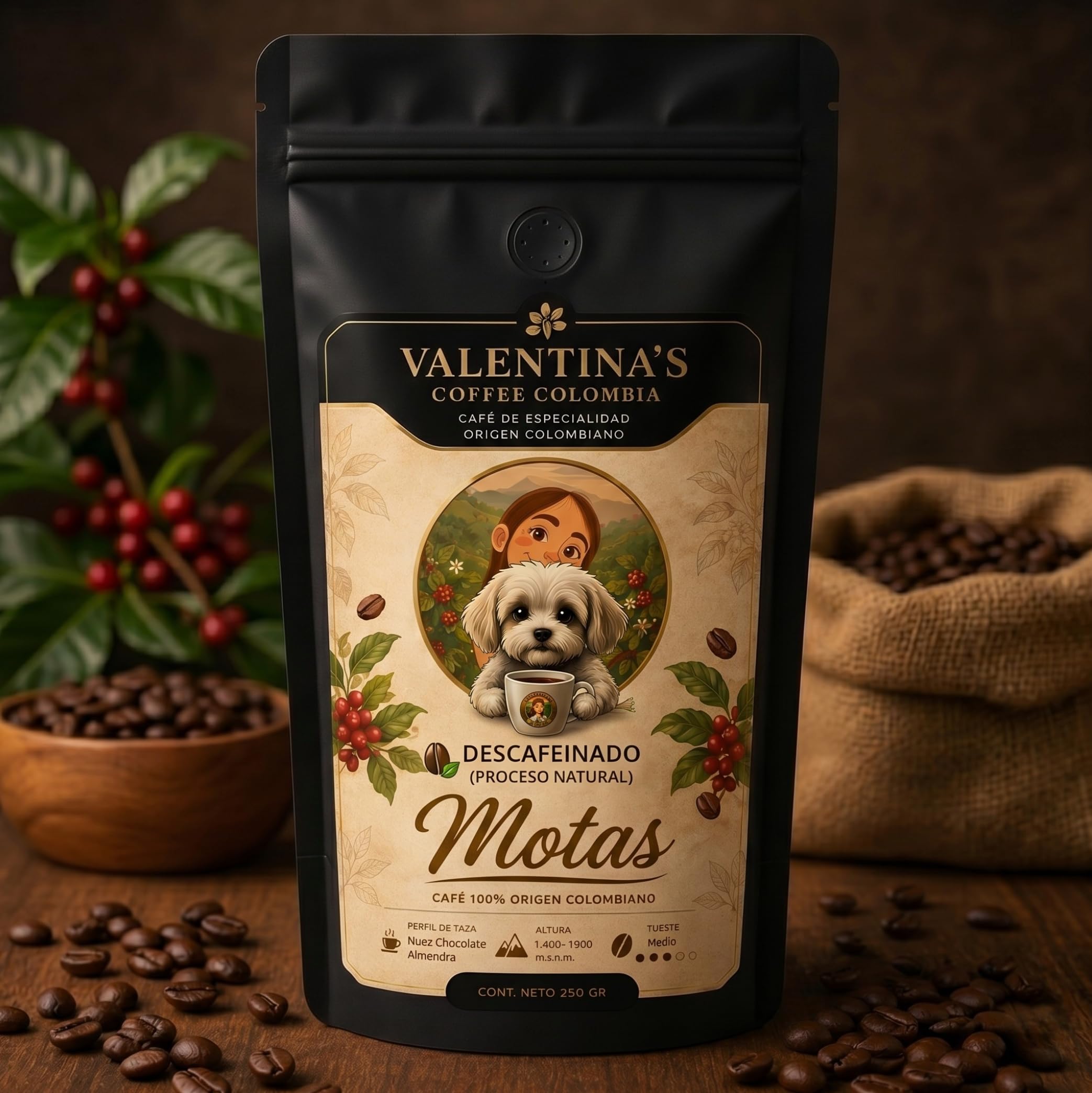 Valentina's Coffee | Motas | 1000 gr | En Grano | Sabor Chocolate. con notas de nuez y almendra | Intensidad Media | 100% Café Colombiano de Especialidad