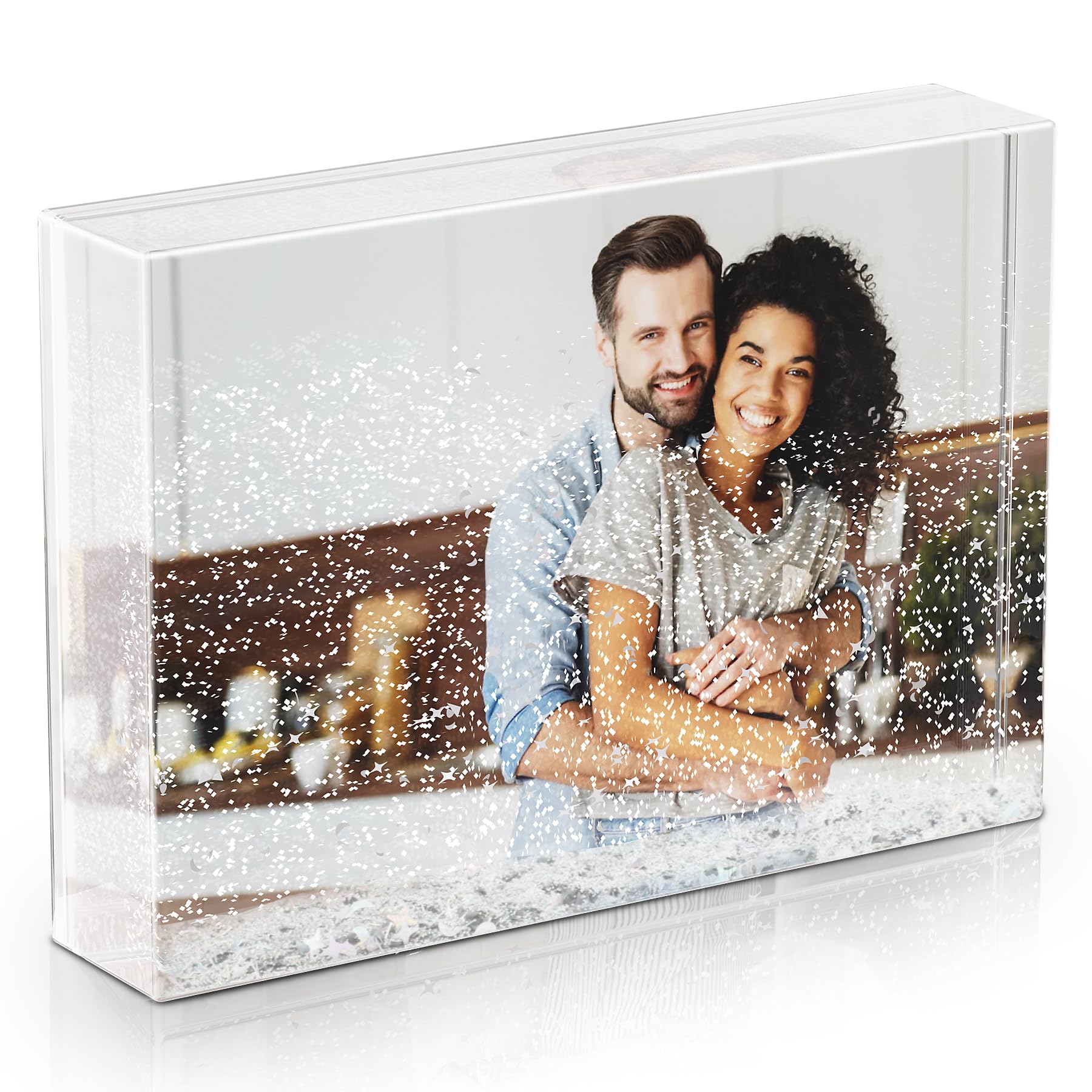 Glitter Liquid Photo Frame, Clear Plastic Acrylic Floating Sparkle Water Personalized Snow Globe Photo Frame Cute Family Couple Custom Gift (Silver, 4x6'')