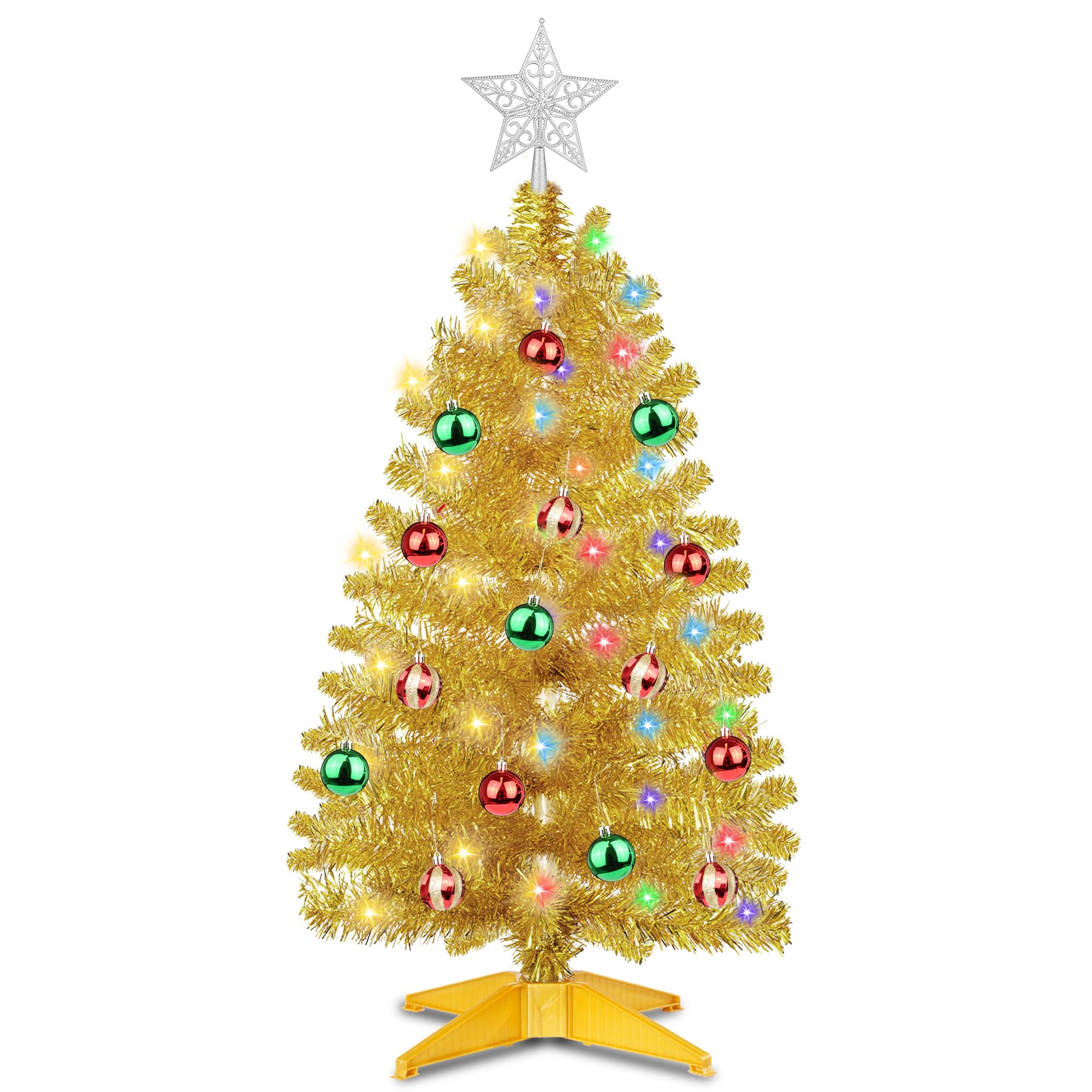 3 Ft Gold Christmas Tree Tinsel Dual Color Change 12 Modes Timer DIY 50 Warm White & Colored Lights 15 Ball Ornaments Star Battery Operated Small Artificial Full Xmas Tree Table Indoor Holiday Decor
