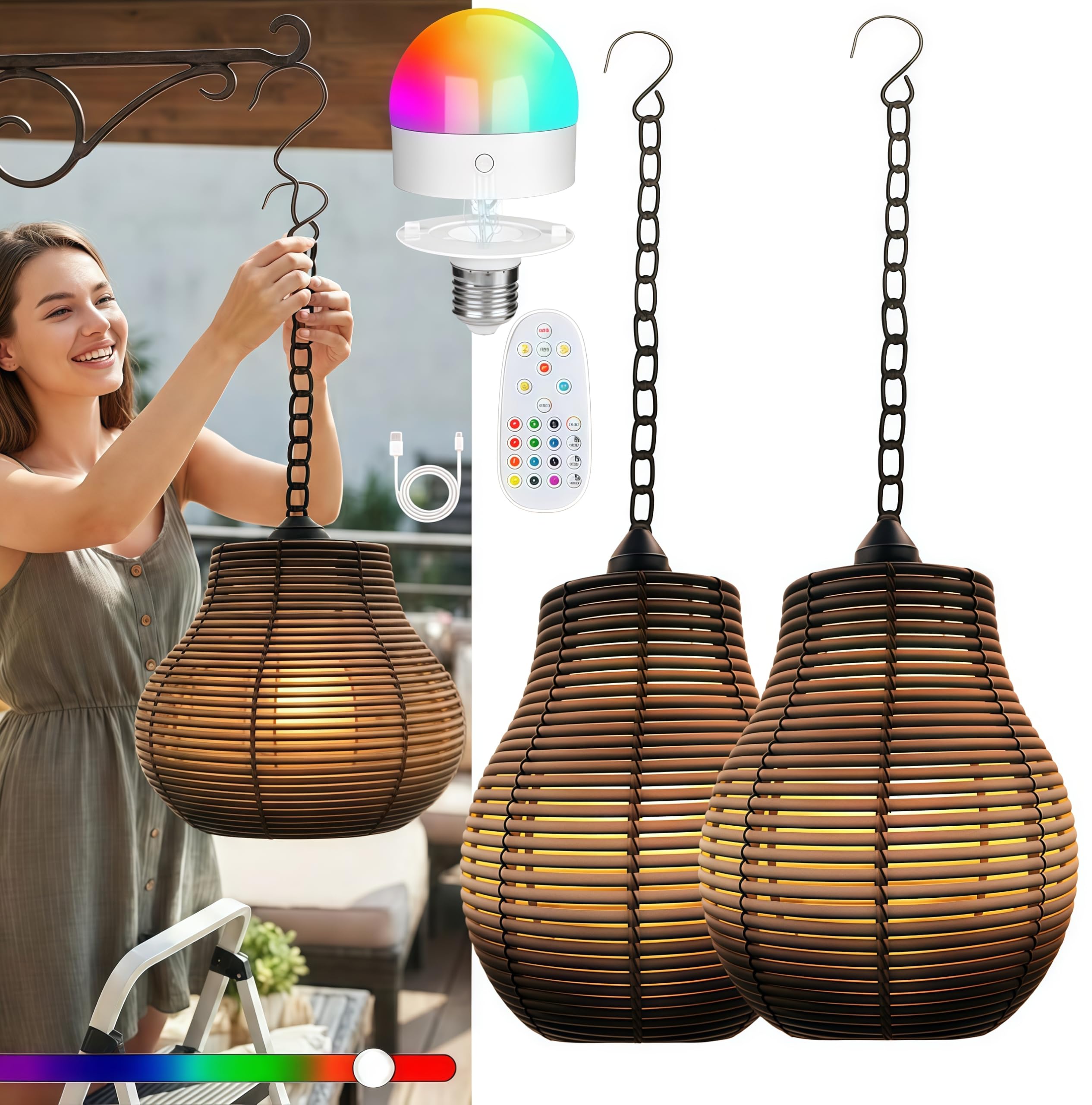 wgzixezn Battery Operated Pendant Light with Remote Rgb Pendant Light Rechargeable Wireless Rgb Pendant Light Rechargeable Hanging Outdoor Chandelier Gazebo Lights with Timer Stepless Dimming