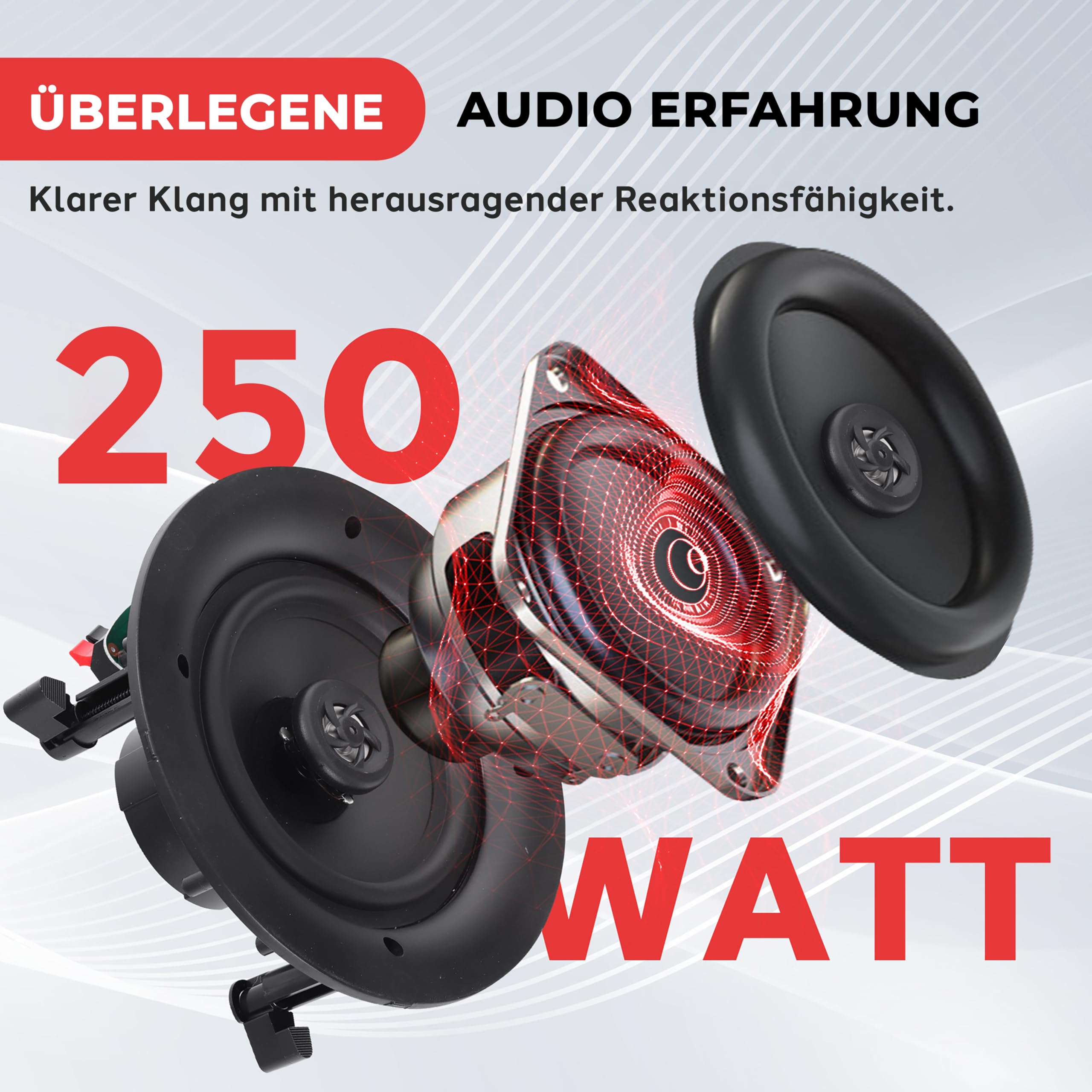 Pyle Deckenlautsprecher / Wandlautsprecher 250 Watt Einbaulautsprecher – Flache 8” (20cm) 2-Wege-Lautsprecher als Stereo Sound System – Einfacher Einbau in Flush Design mit Rundem/Quadratischem Gitter