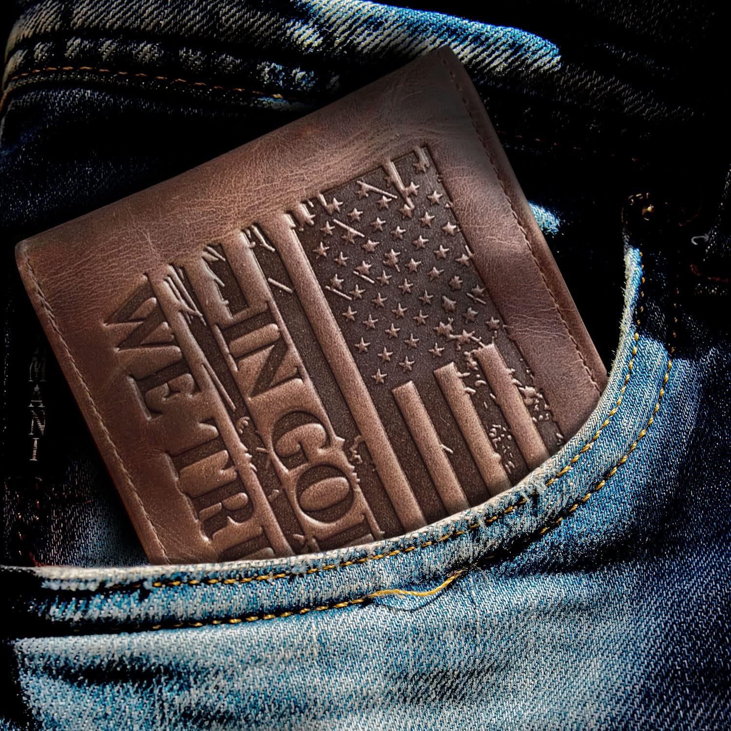 American Flag Wallet for Men, 'IN GOD WE TRUST' RFID-Blocking Cowboy Wallet, Full-Grain Leather, 10 Card Slots, Distressed Vintage Brown – Western Bi-Fold Wallet - Image 6