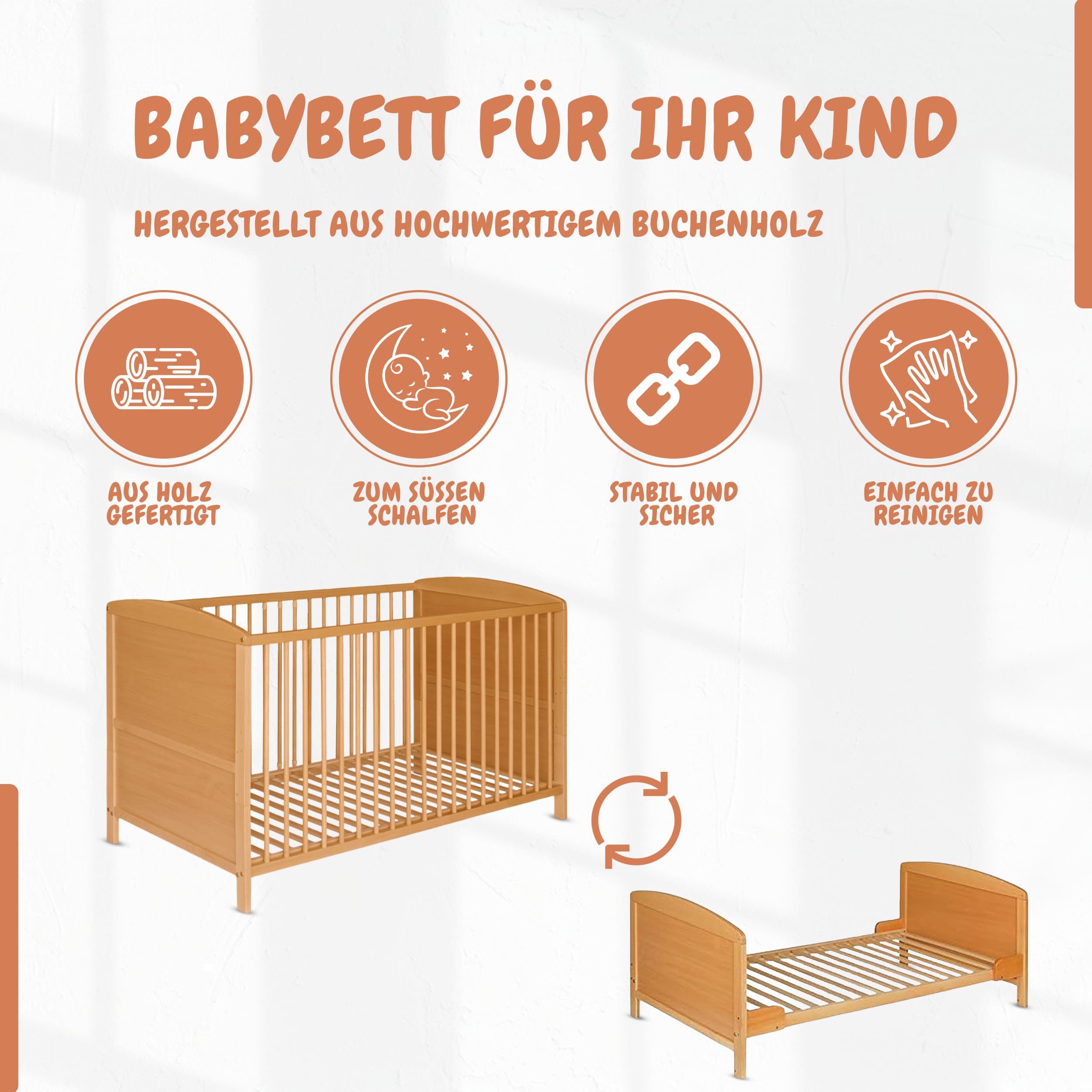 Best For Kids – Babybett 70x140 cm in Braun | Junior Bett Umbaubar | Cot ohne Matratze | Natur Komplett Set Bebek Yatagi & Baby Cot | Babybett für Mädchen und Jungen